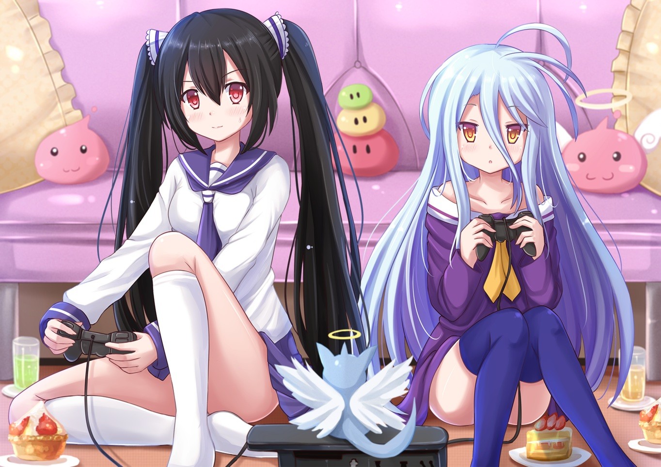 Anime 1364x964 anime anime girls No Game No Life Shiro (No Game No Life) original characters twintails school uniform video games DeviantArt controllers gamer thighs together long hair tie black hair blue hair stockings socks