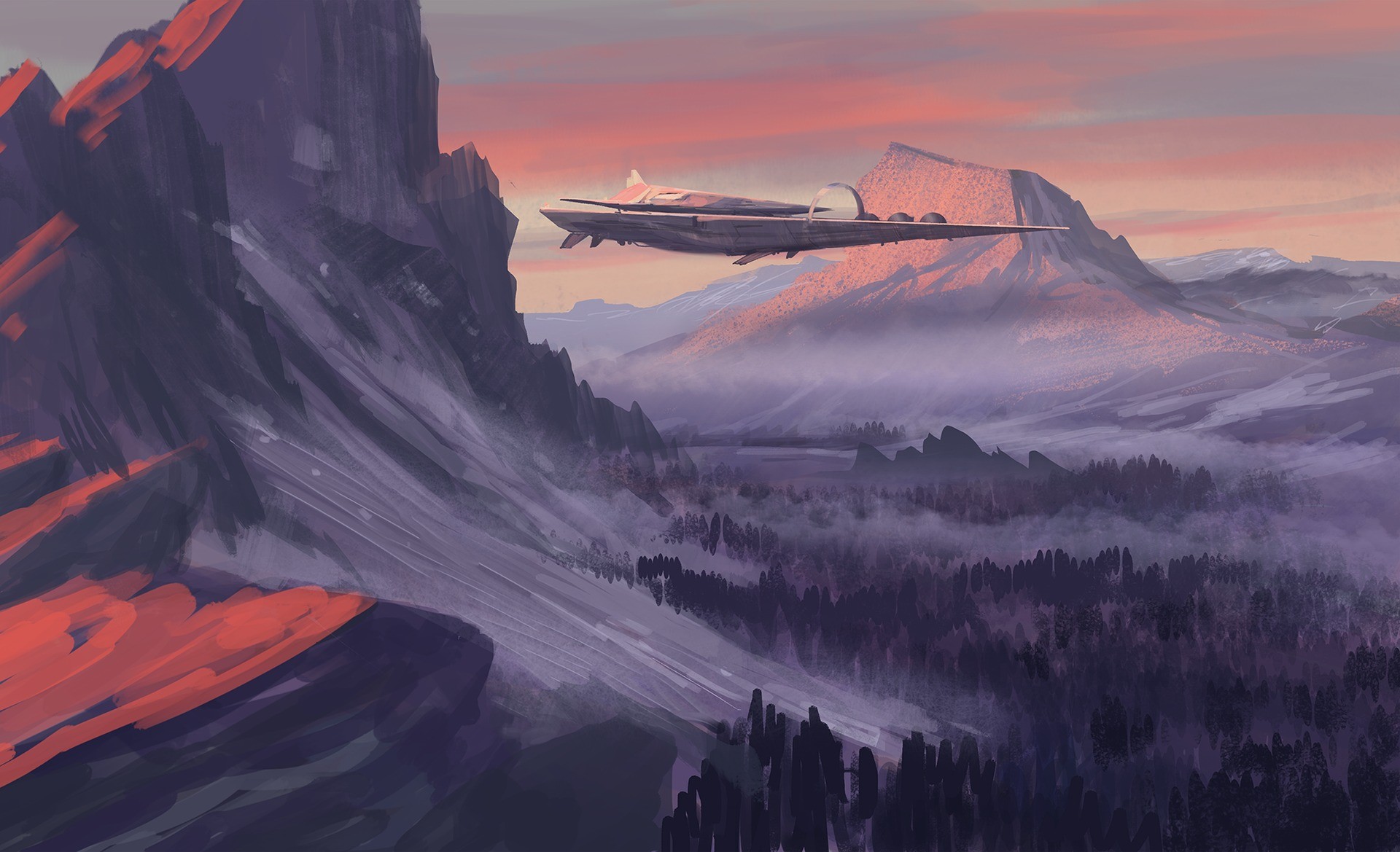 General 1920x1169 spaceship landscape sunset nature futuristic artwork digital art mountains vehicle