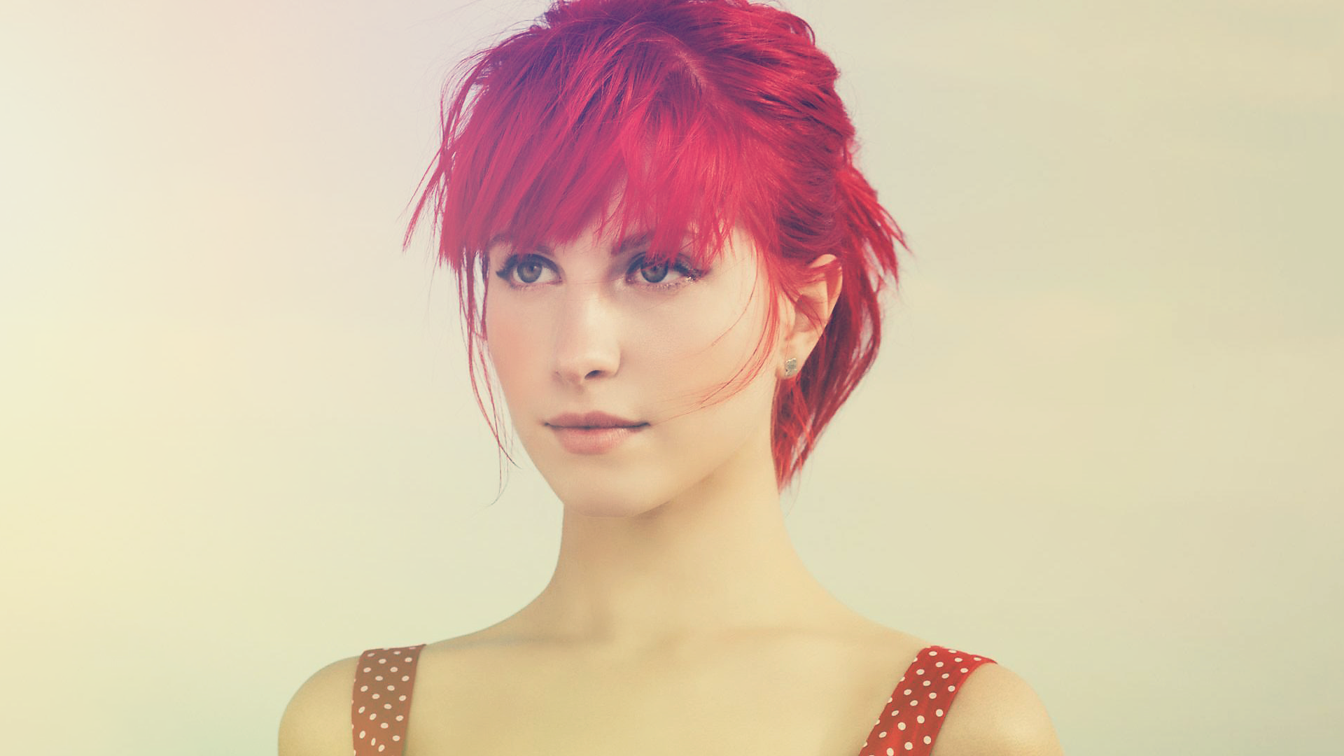 People 1920x1080 Hayley Williams redhead women women indoors singer dyed hair face simple background looking into the distance