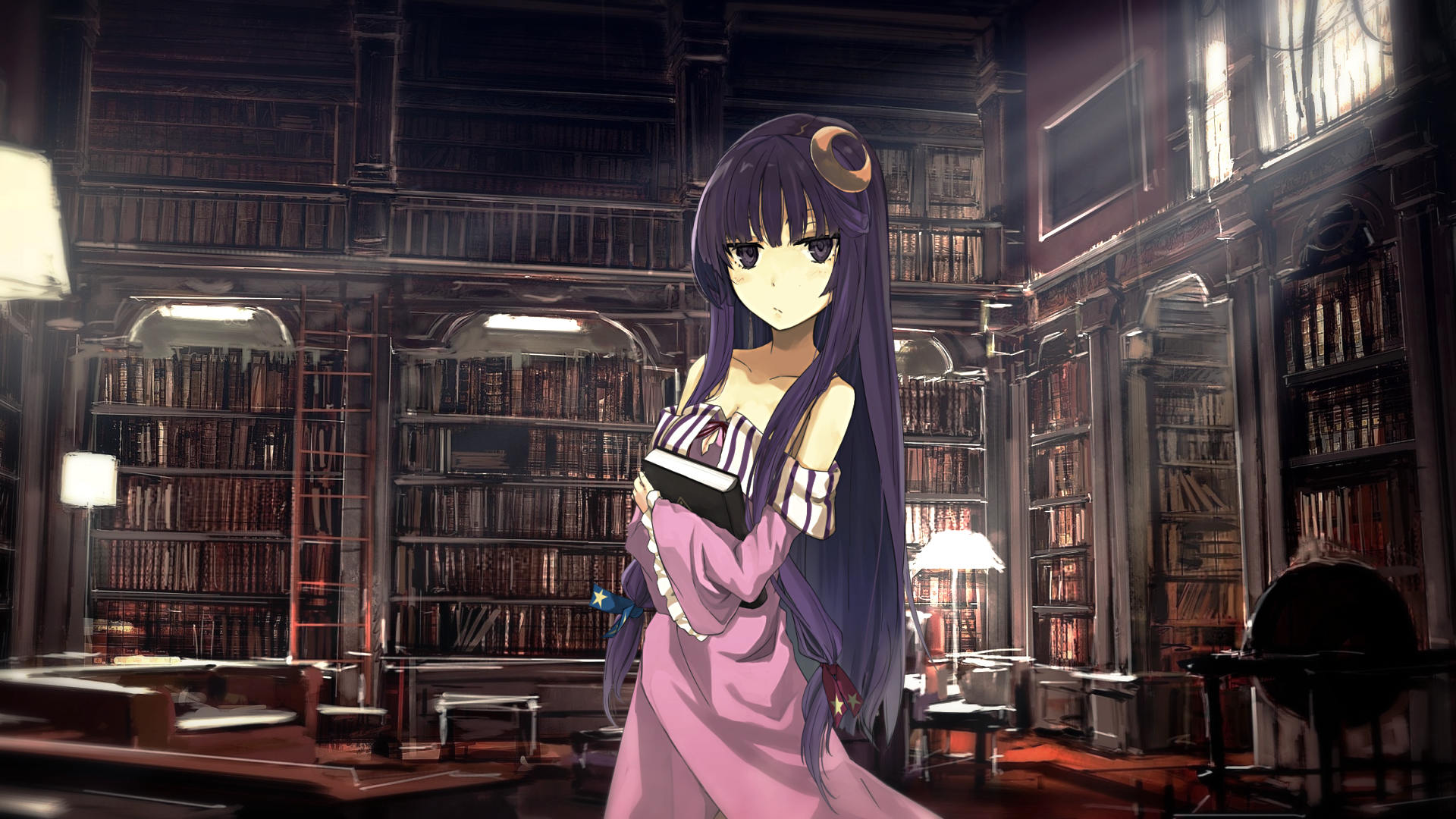 Anime 1920x1080 Touhou library purple hair Patchouli Knowledge anime girls anime long hair dark eyes books dress looking at viewer