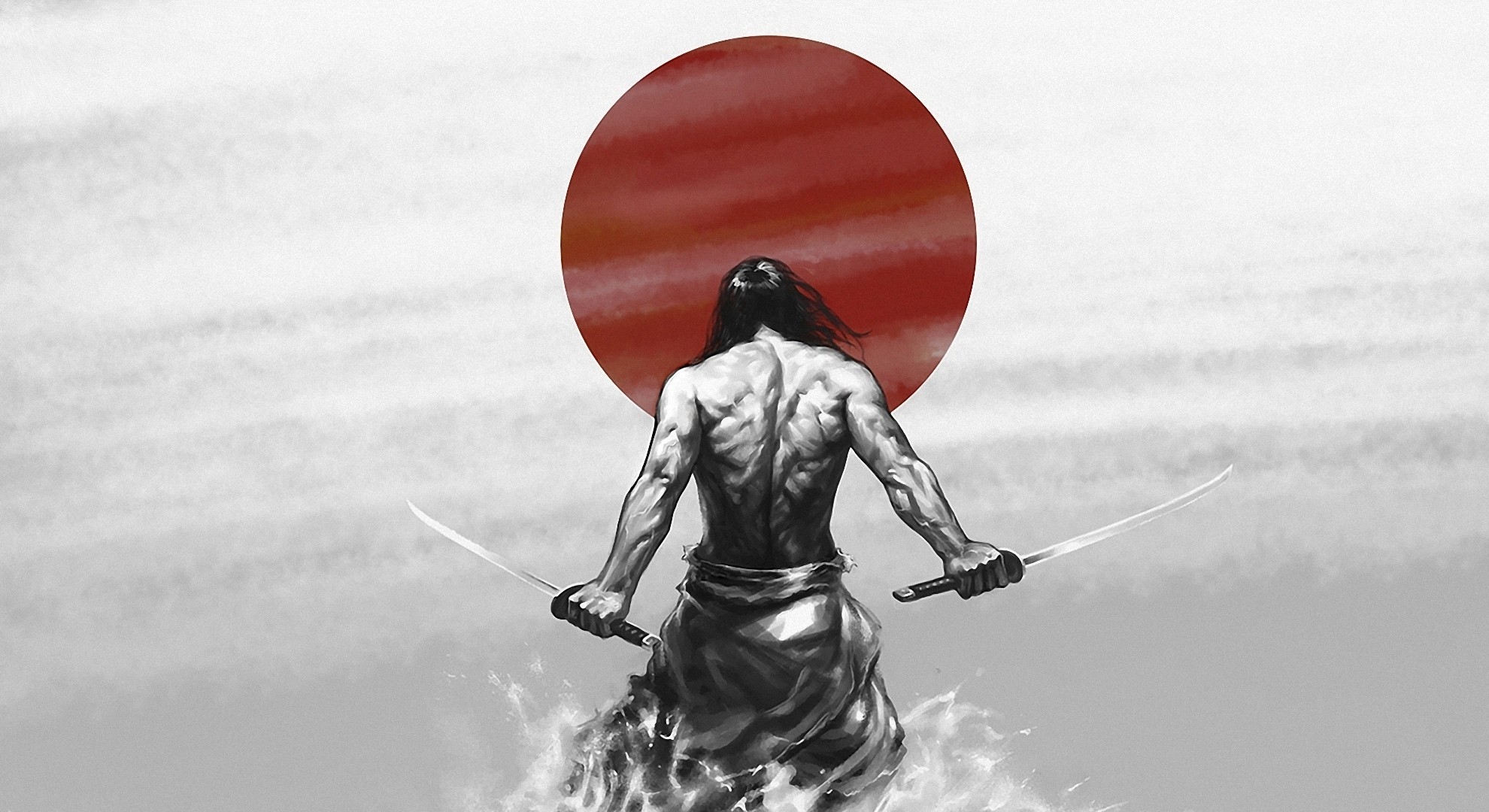 General 1980x1080 sword katana samurai warrior fantasy art selective coloring weapon muscular