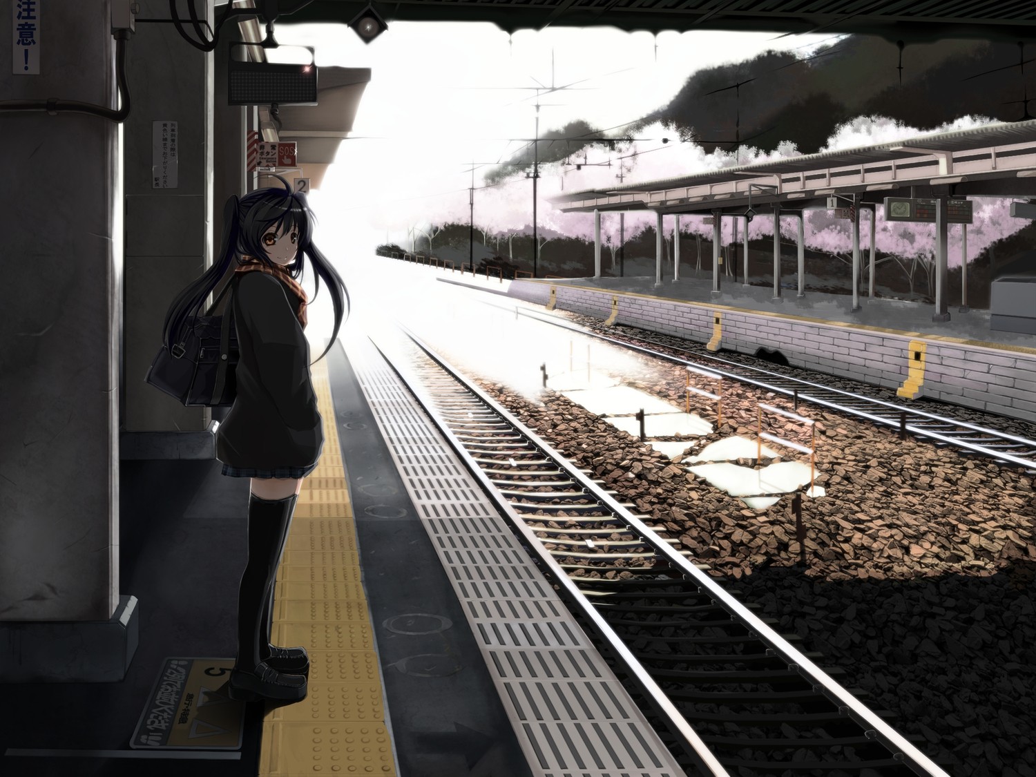 Anime 1500x1125 anime anime girls schoolgirl waiting train station