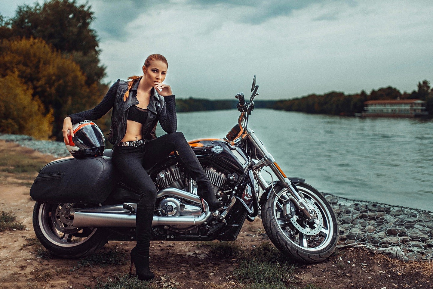 People 1440x960 chopper women with motorcycles river vehicle motorcycle helmet nature women outdoors outdoors bare midriff looking at viewer black outfits Orange Motorcycles women Harley-Davidson American motorcycles