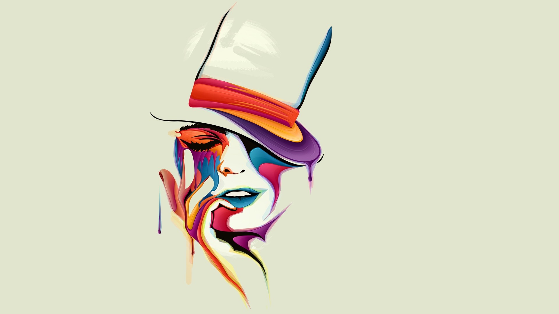 General 1920x1080 colorful women digital art face drawing hat painting simple background artwork