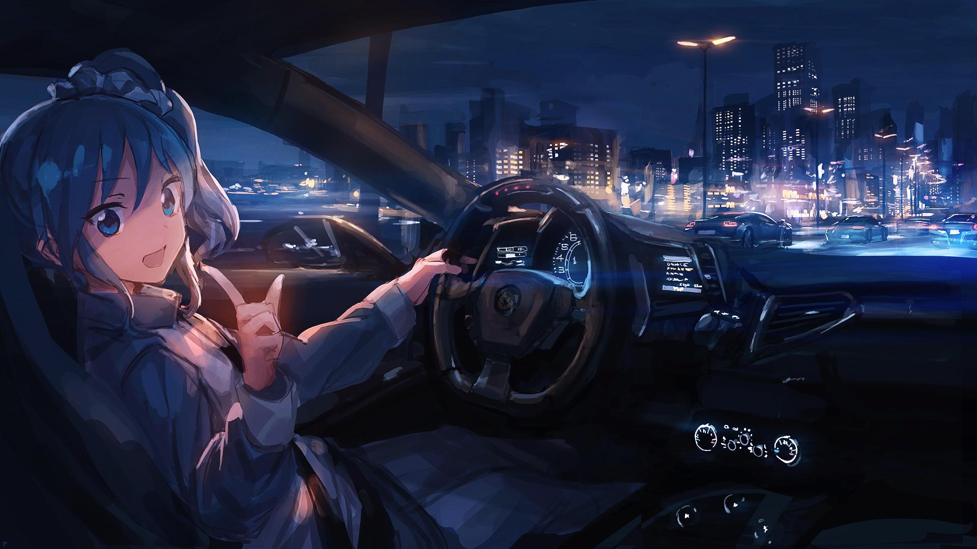 Anime 1920x1080 anime girls anime car blue hair blue eyes car interior vehicle _LM7_ women with cars steering wheel looking at viewer hand gesture