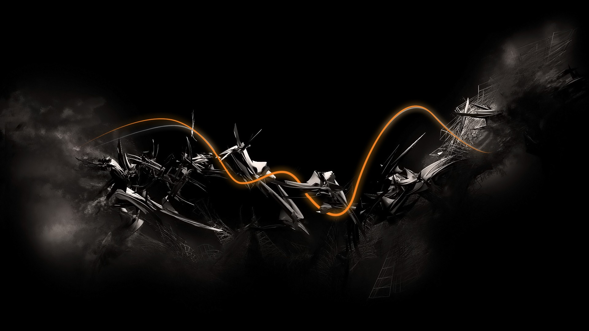 General 1920x1080 abstract digital art black background orange waves CGI mist artwork shapes lines