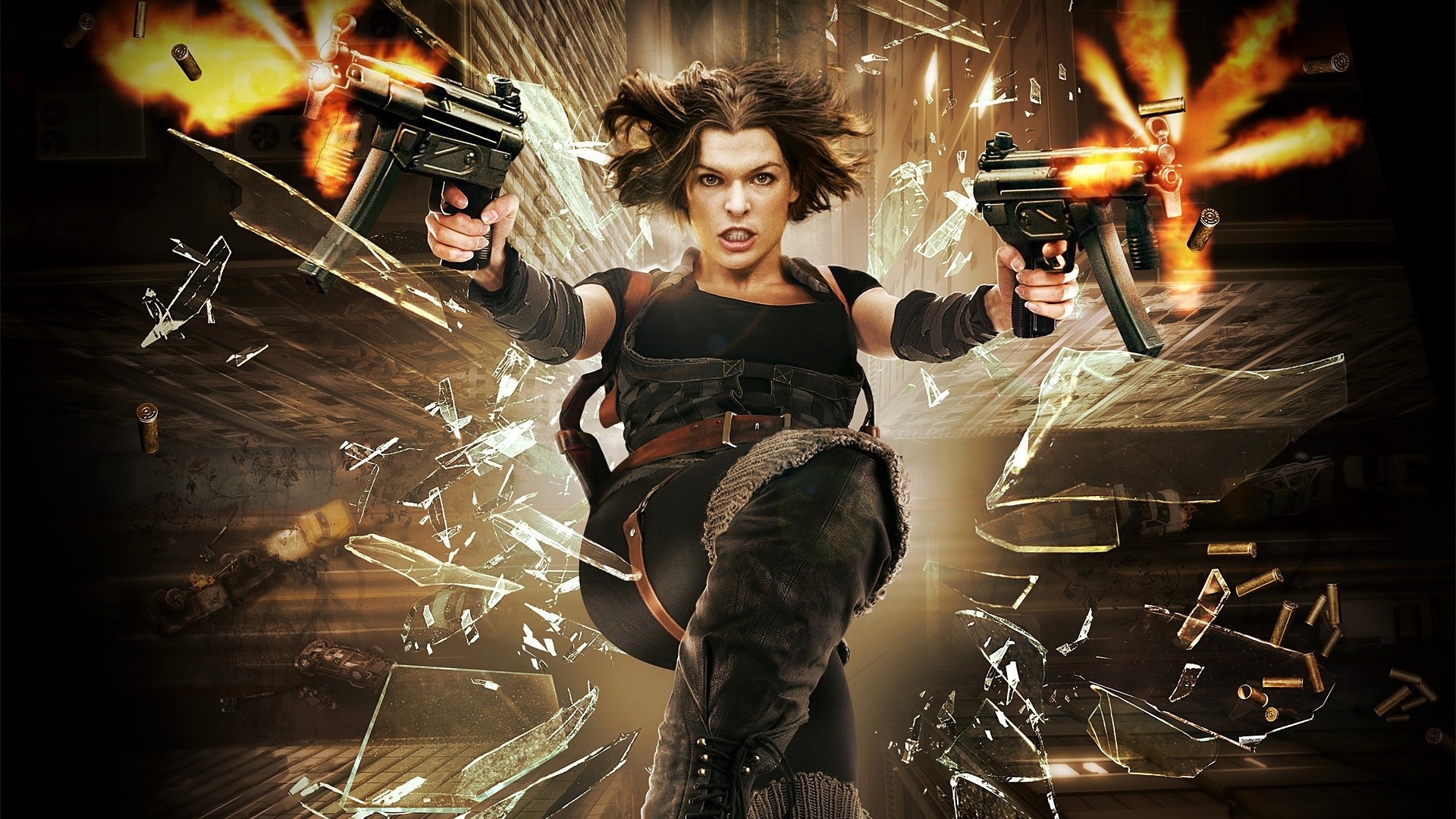 People 1920x1080 movies Resident Evil: Afterlife Milla Jovovich  gun bullet broken glass women girls with guns dual wield frontal view uzi