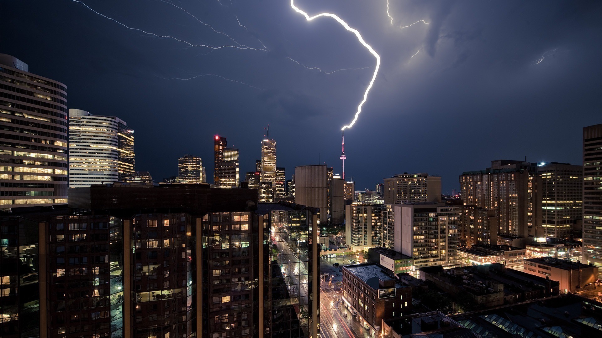General 1920x1080 cityscape city building Toronto lightning Canada night CN Tower