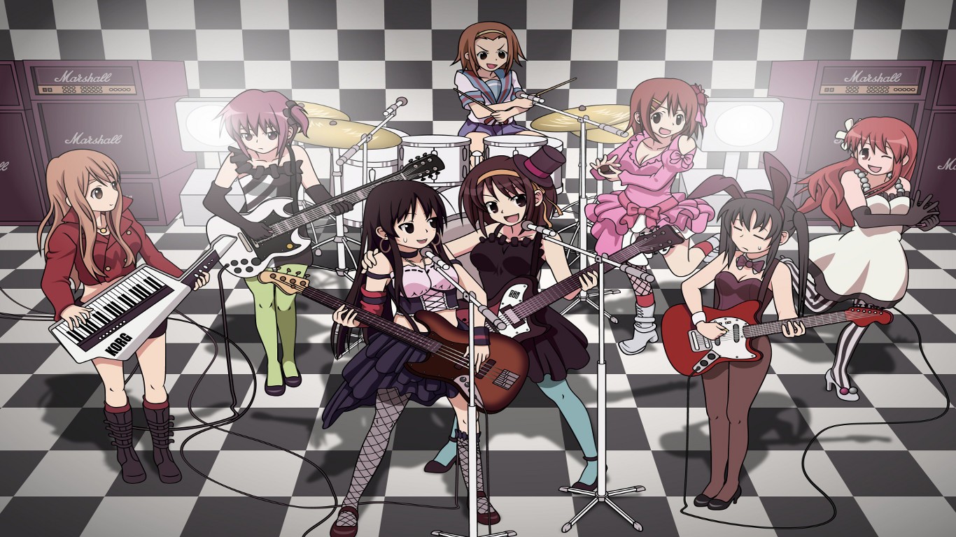 Anime 1366x768 anime K-ON! anime girls Don't Say Lazy Asahina Mikuru Nagato Yuki Akiyama Mio Hirasawa Yui Tainaka Ritsu Nakano Azusa Kotobuki Tsumugi Suzumiya Haruhi musical instrument guitar drums group of women music band standing checkered