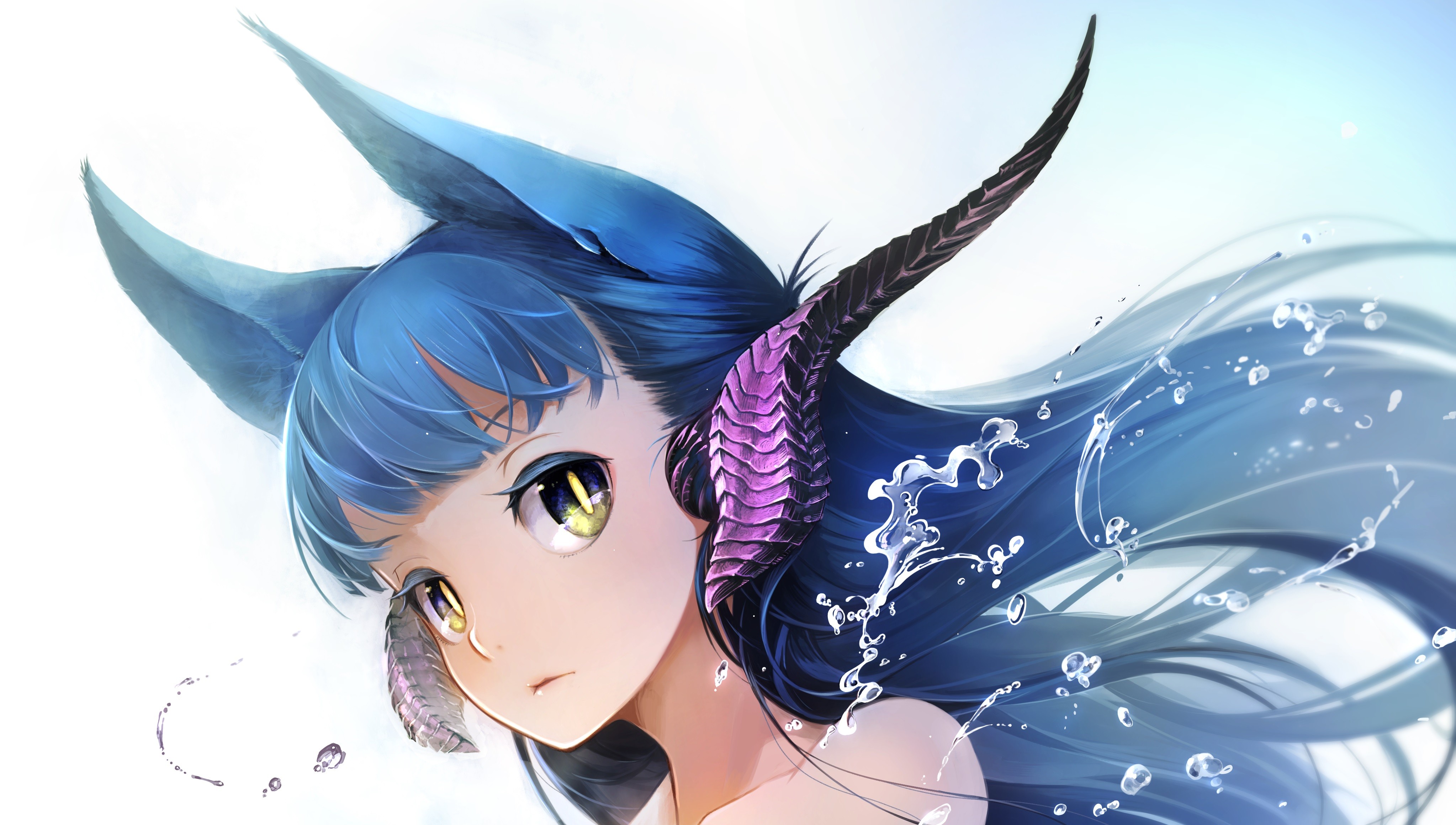 Anime 4093x2319 anime girls anime original characters animal ears blue hair long hair horns animal eyes Yunar