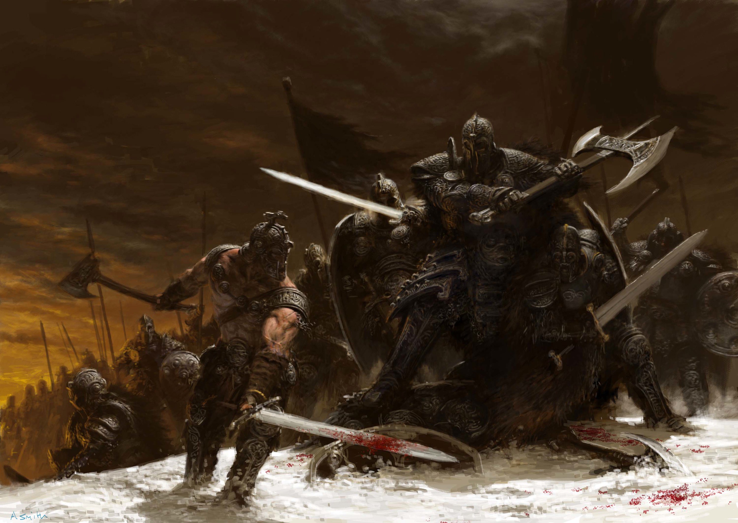 General 2500x1771 fantasy art digital art medieval blood weapon sword axes Karl Kopinsky Marauders Warhammer Fantasy