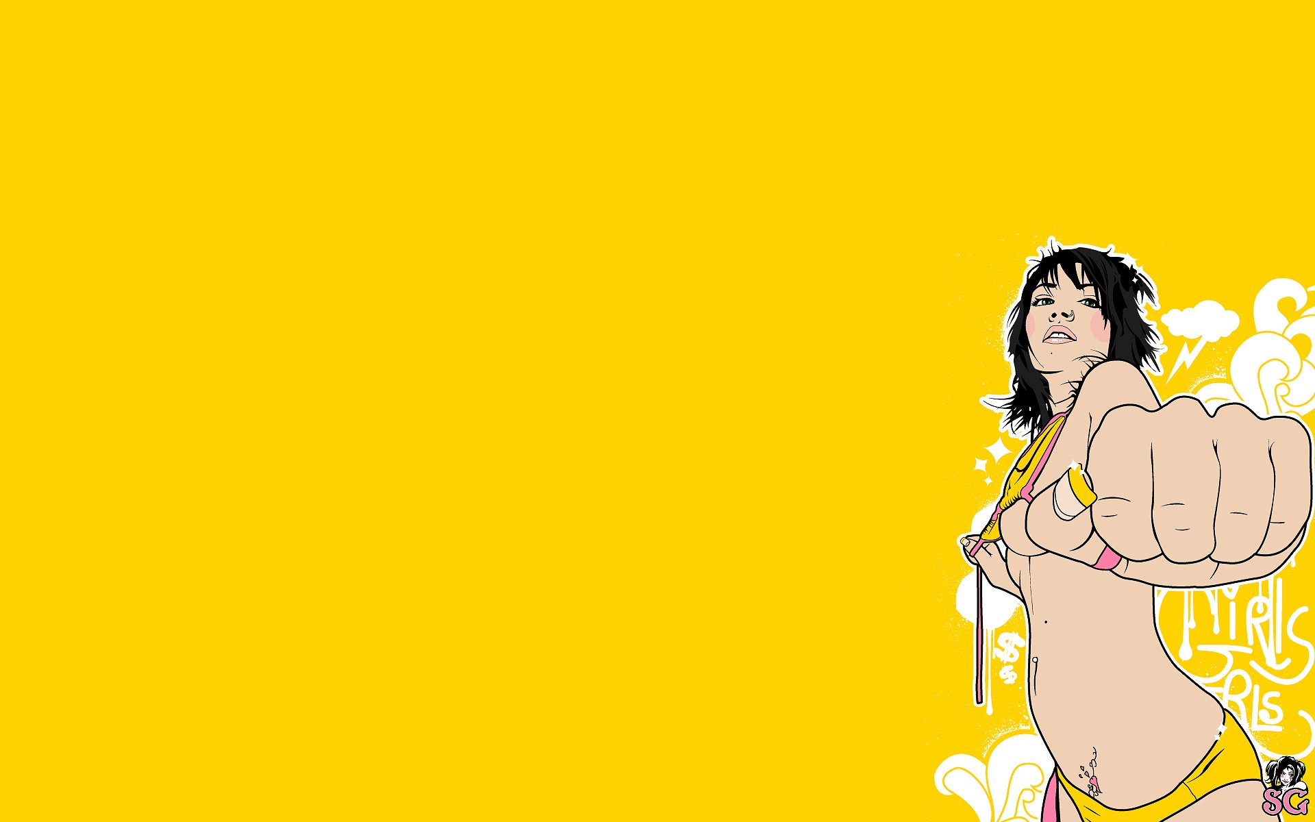 General 1920x1200 vector women fist artwork looking at viewer belly black hair Suicide Girls yellow yellow background blushing digital art simple background watermarked tattoo