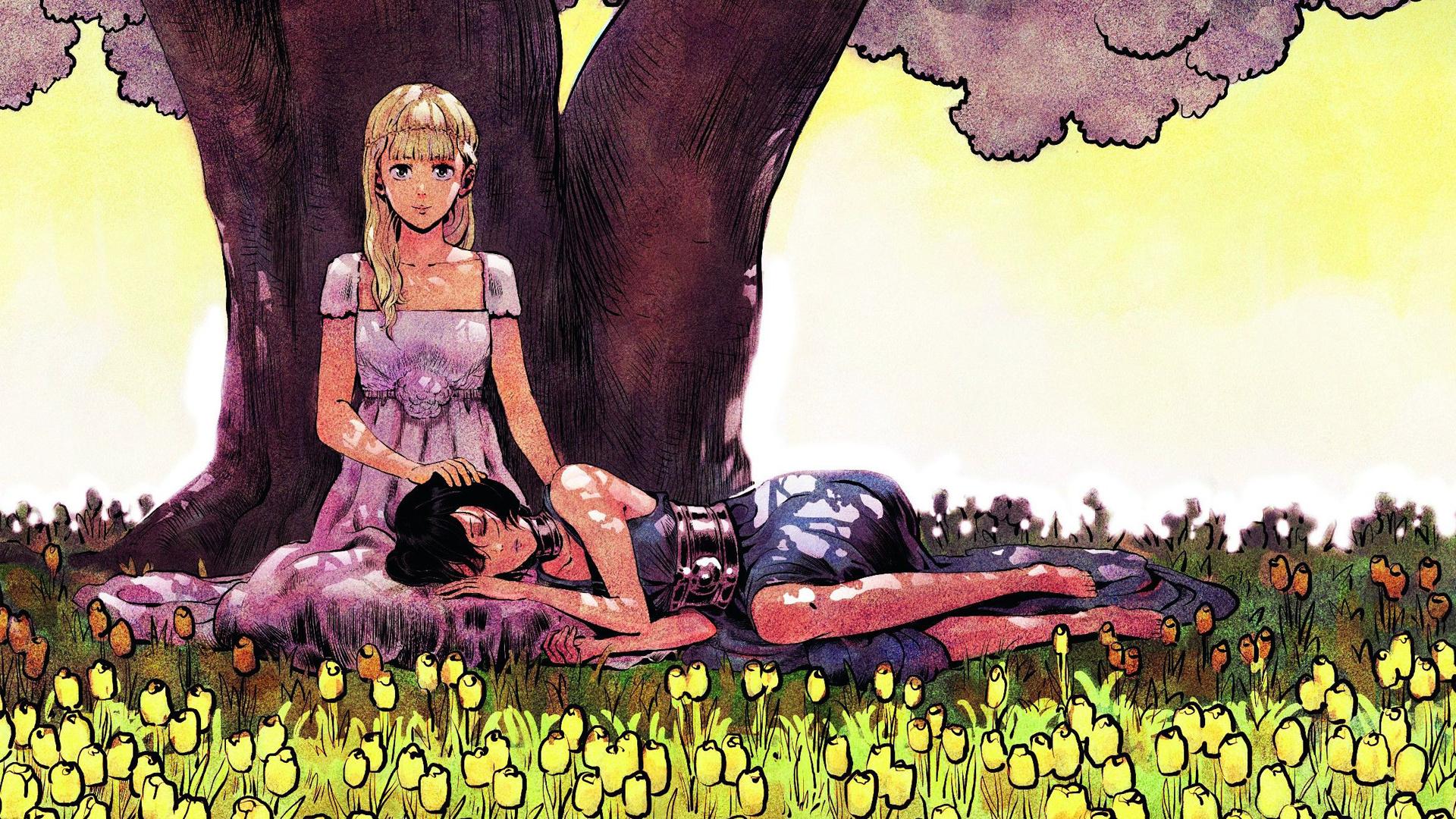 General 1920x1080 Florent Maudoux Freaks' Squeele comics French two women flowers lying down women outdoors blonde black hair looking at viewer plants nature outdoors dress artwork women