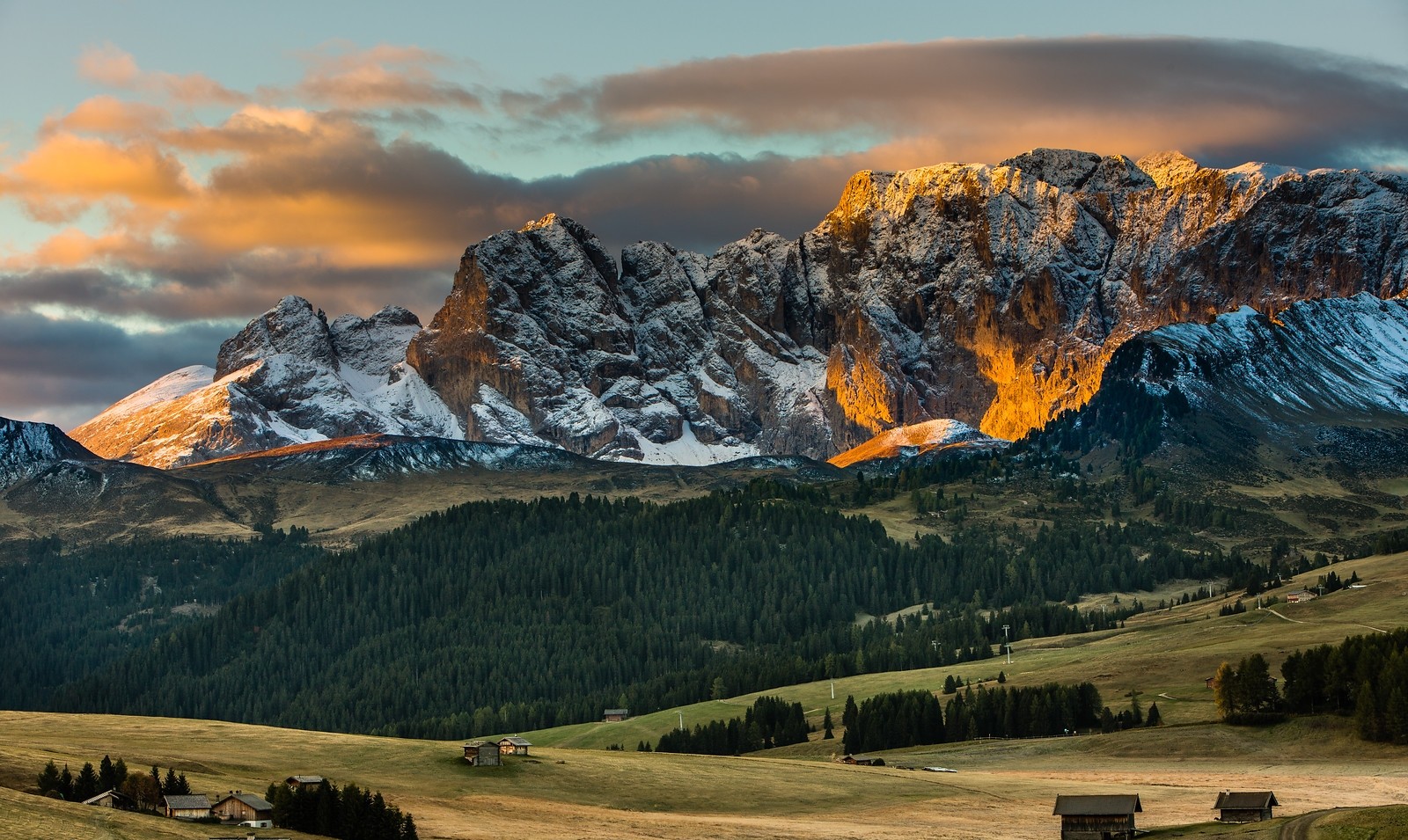 General 1600x955 sunset mountains forest Dolomites snowy peak clouds grass cabin Alps nature landscape