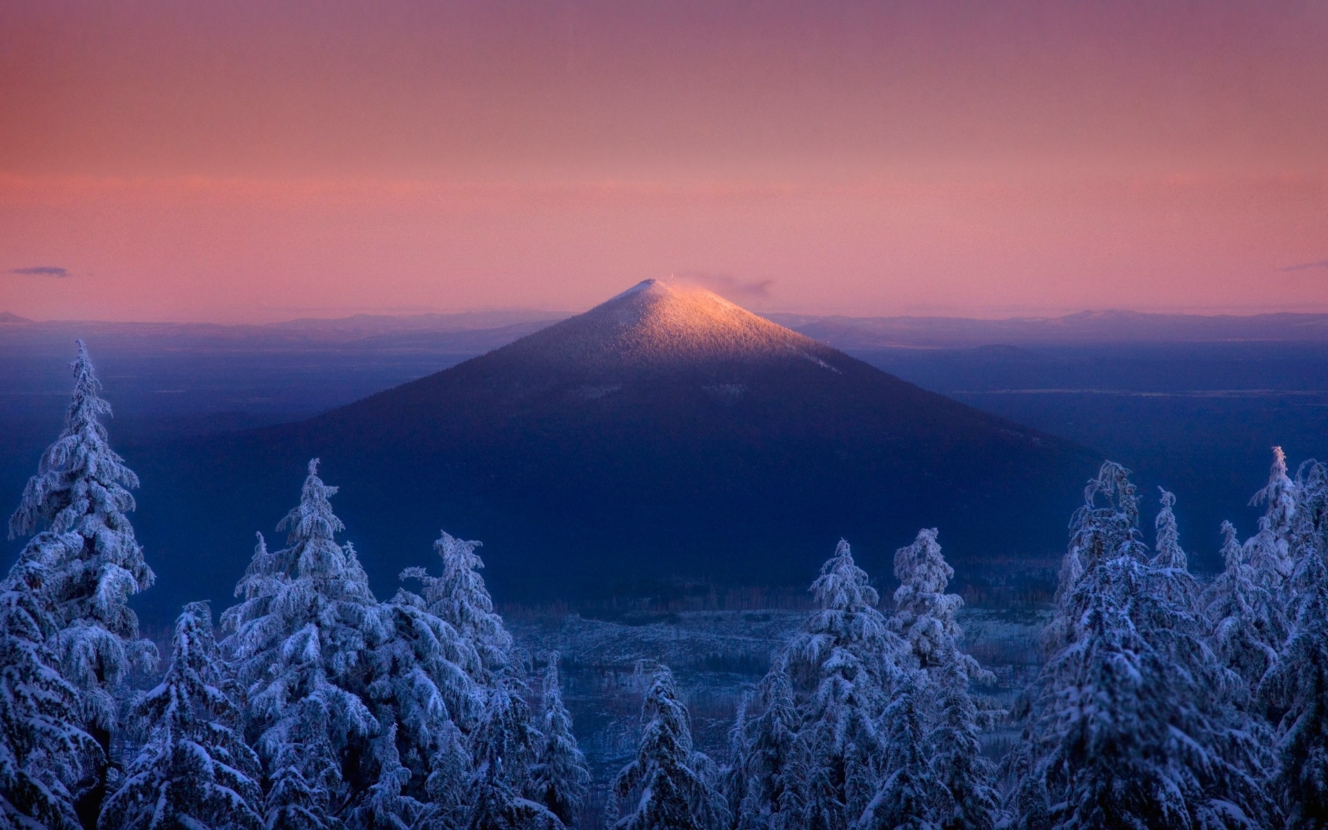 General 1920x1200 volcano Oregon sunset forest snow mountains trees snowy peak nature winter landscape USA cold frost ice sky