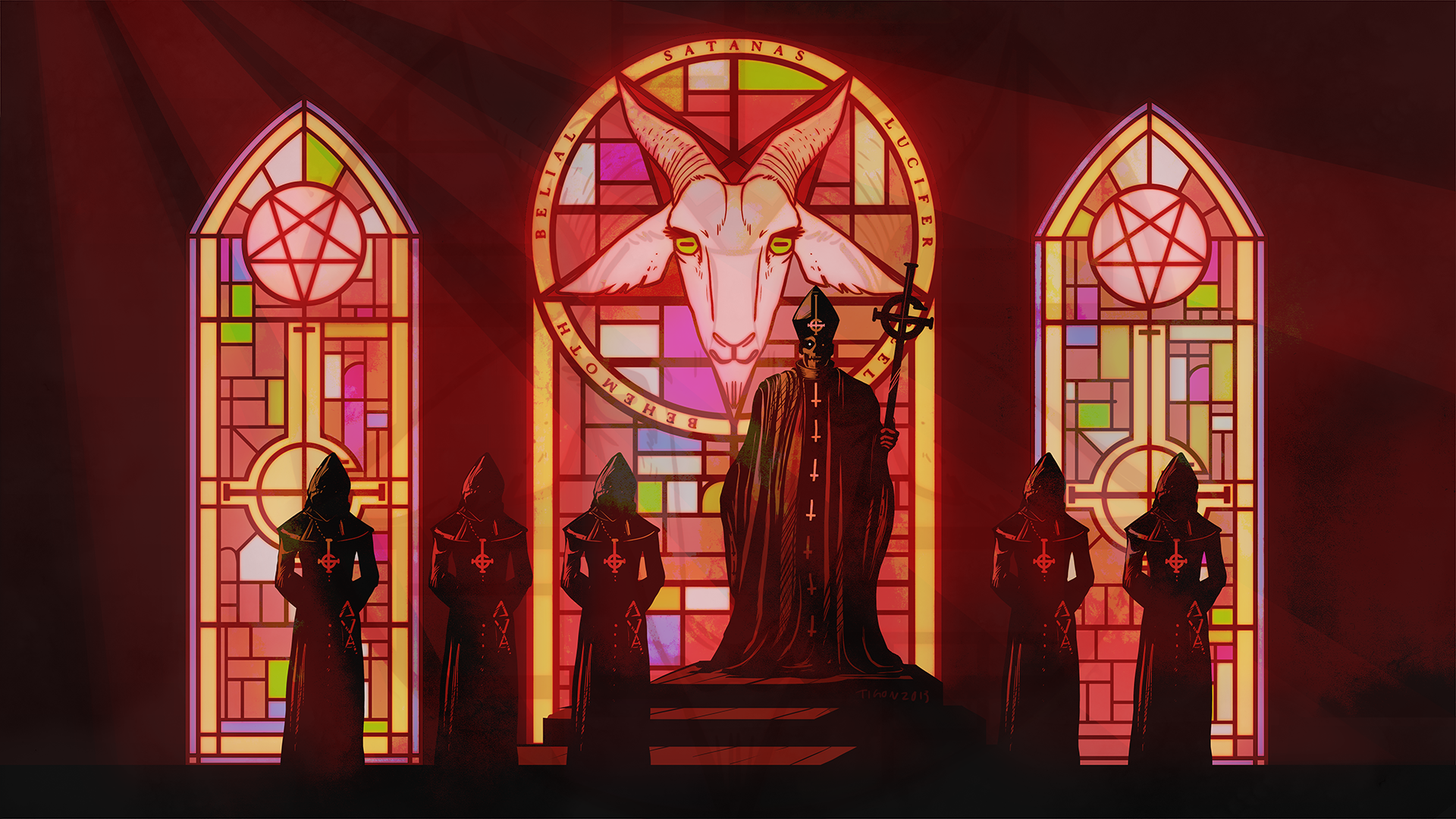 General 1920x1080 Lucifer church Papa Emeritus ghost Ghost B.C. red stained glass artwork goats pentagram Satanism