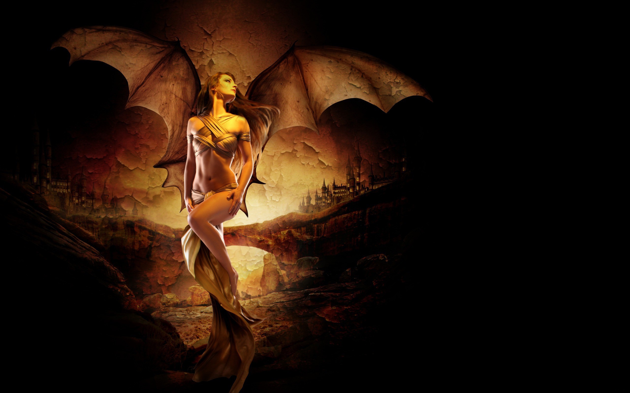 General 2560x1600 fantasy art wings fantasy girl succubus demon girls women belly legs looking away