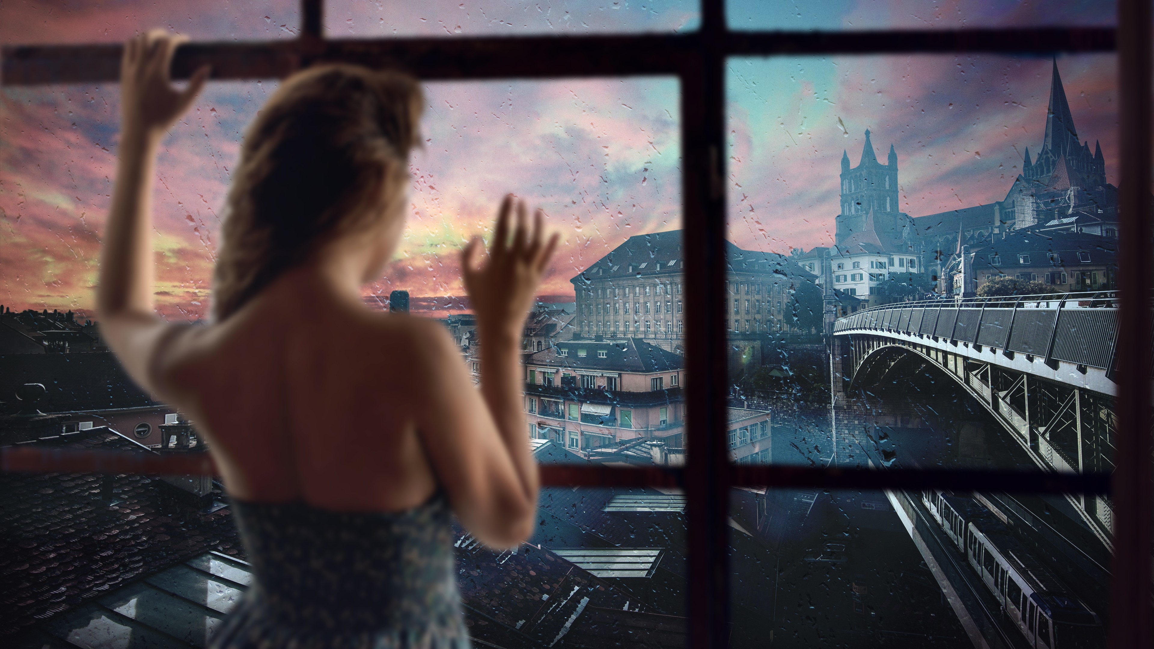 General 3840x2160 rain sunset skyline window city women looking out window cityscape arms up women indoors water on glass