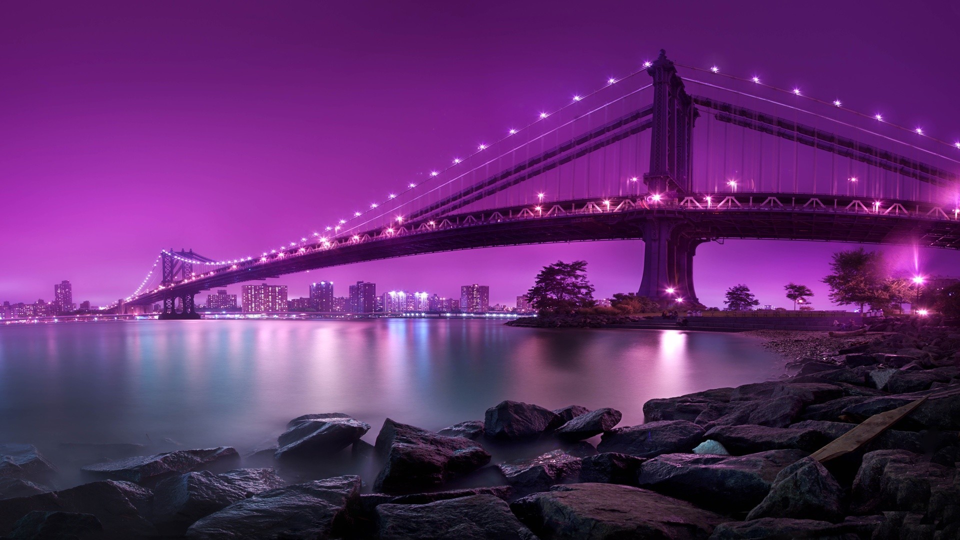 General 1920x1080 river bridge color correction night Manhattan Bridge New York City purple USA lights low light