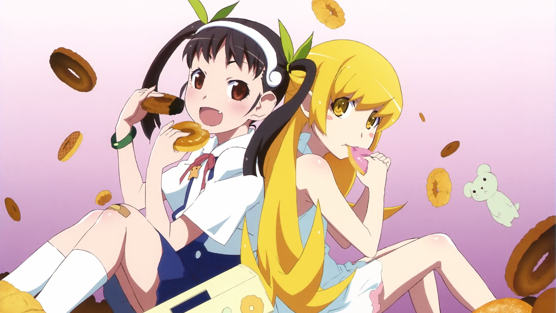 Anime 1920x1080 Monogatari Series Hachikuji Mayoi Oshino Shinobu donut loli bandages anime girls anime girls eating two women food sweets gradient sitting blonde yellow eyes open mouth