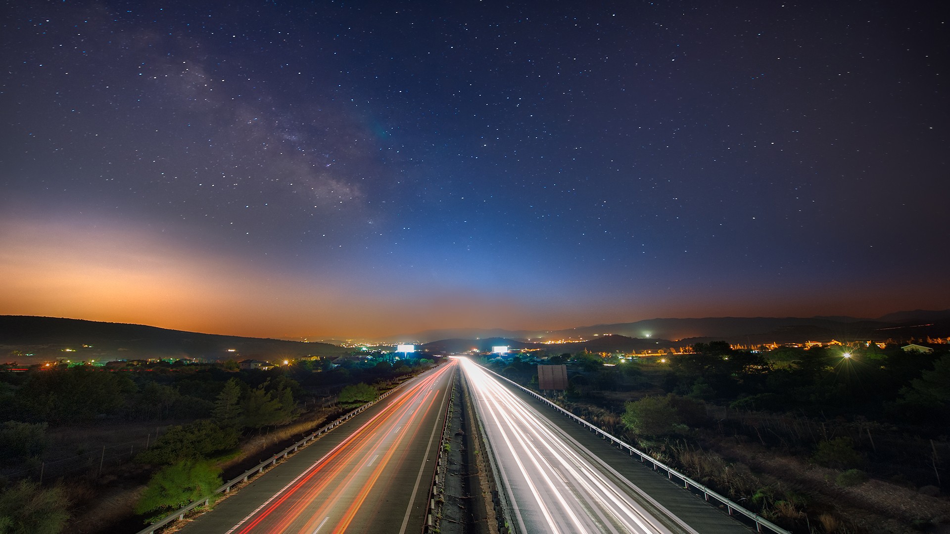 General 1920x1080 highway night road light trails Cyprus Milky Way long exposure starry night lights outdoors
