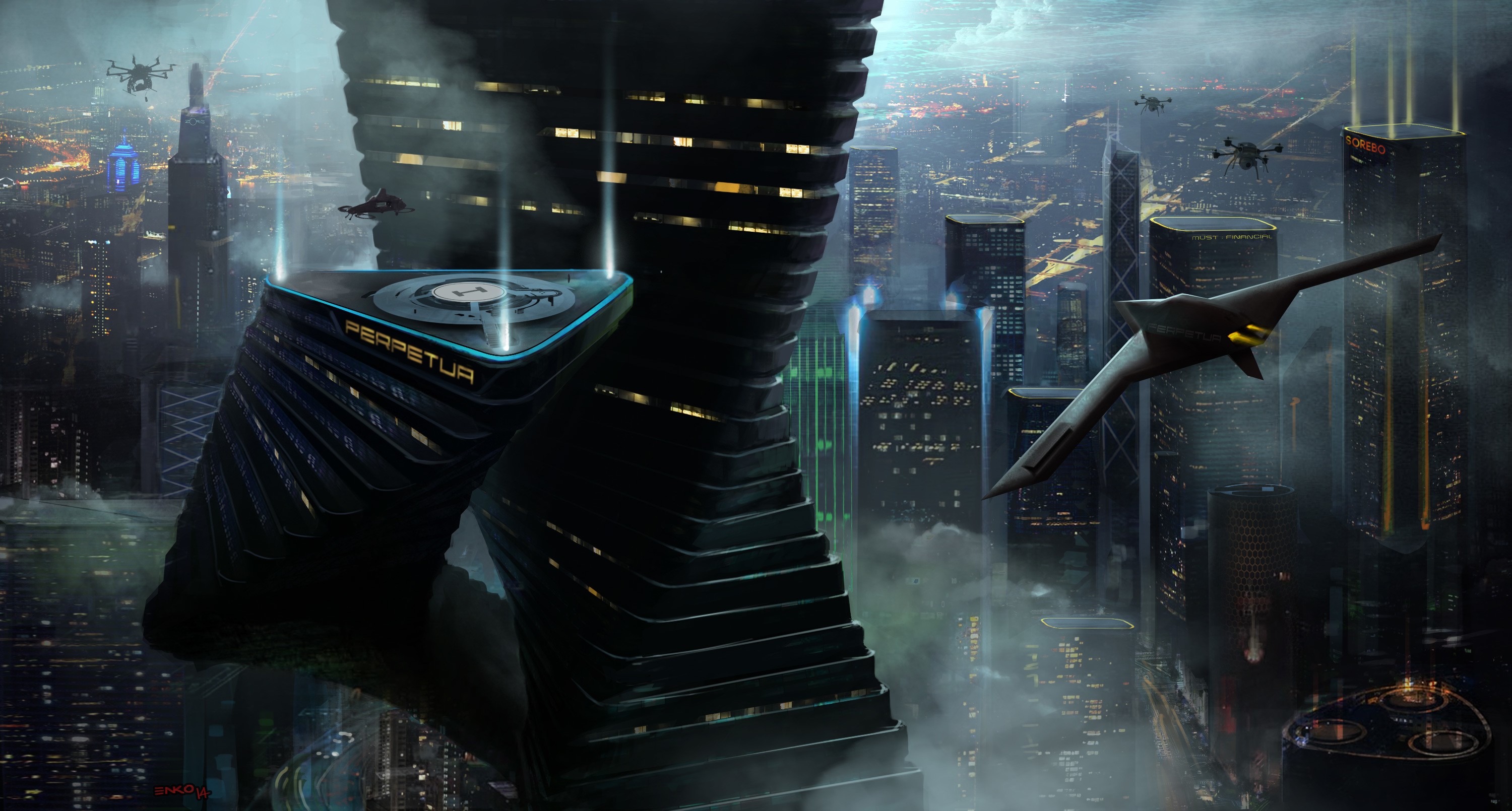General 3000x1610 digital art drawing cityscape airplane skyscraper building lights drone futuristic science fiction futuristic city vehicle