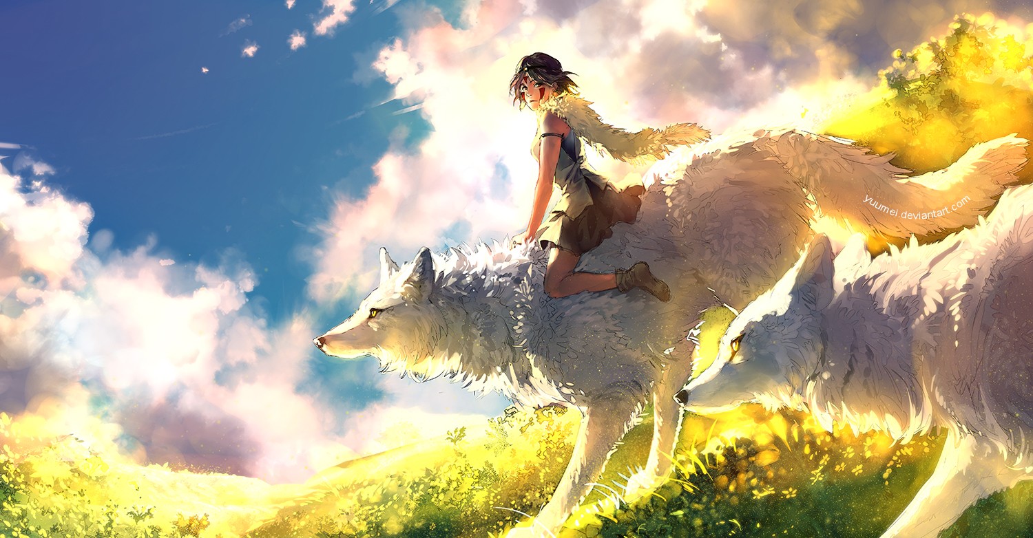 Anime 1500x782 wolf anime girls anime creature sky sunlight artwork fantasy art fantasy girl looking at viewer