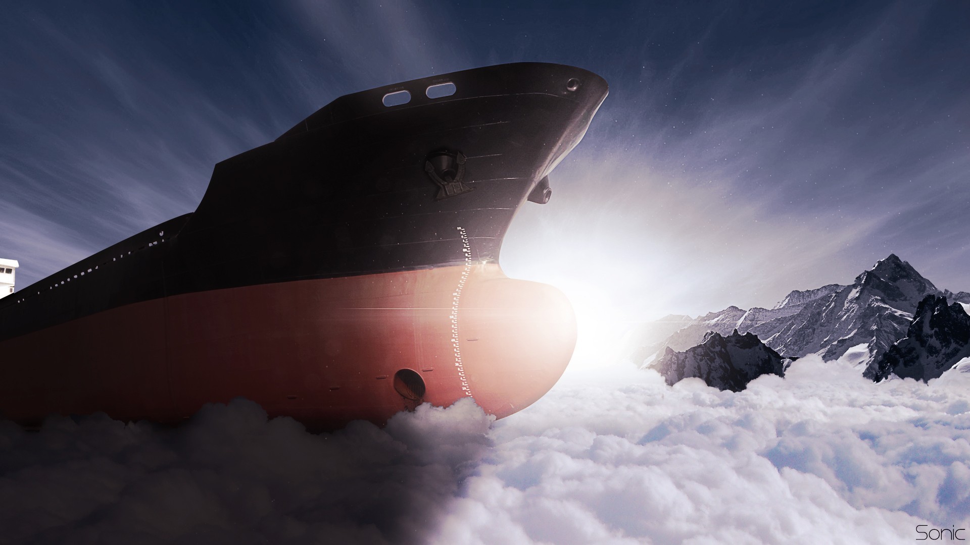 General 1920x1080 ship photo manipulation Conceptual clouds vehicle digital art