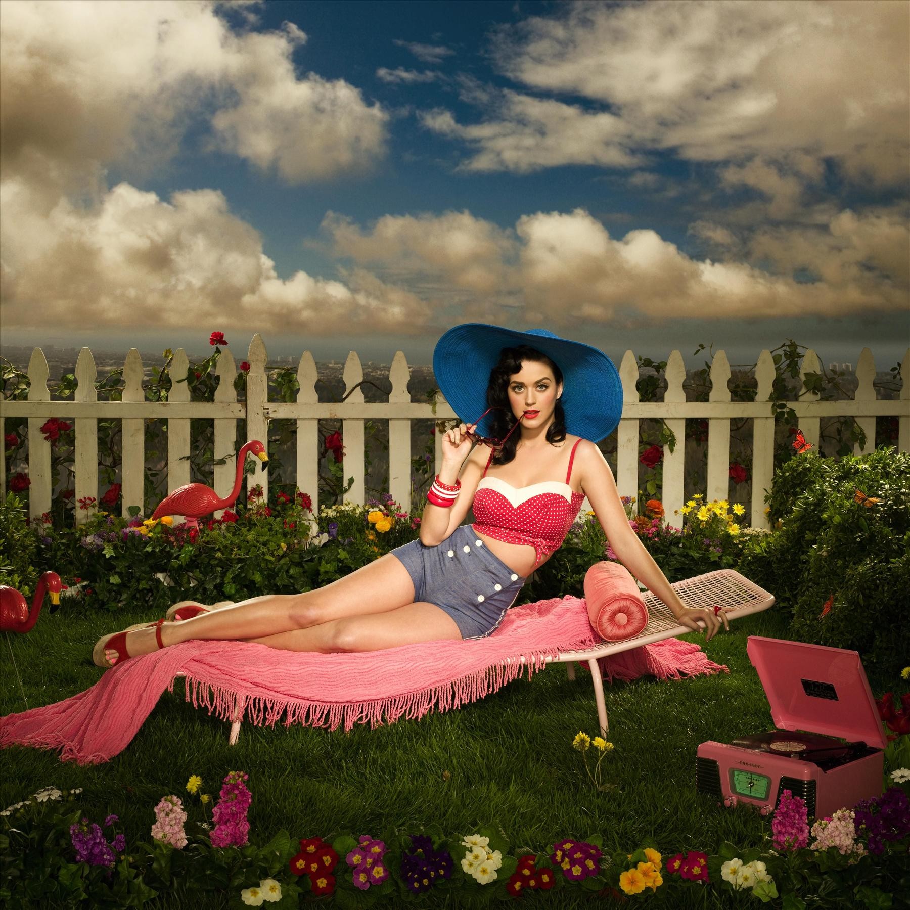 People 1800x1800 shorts poster singer hat garden lying on side legs women Katy Perry celebrity pants flowers grass sky clouds looking at viewer
