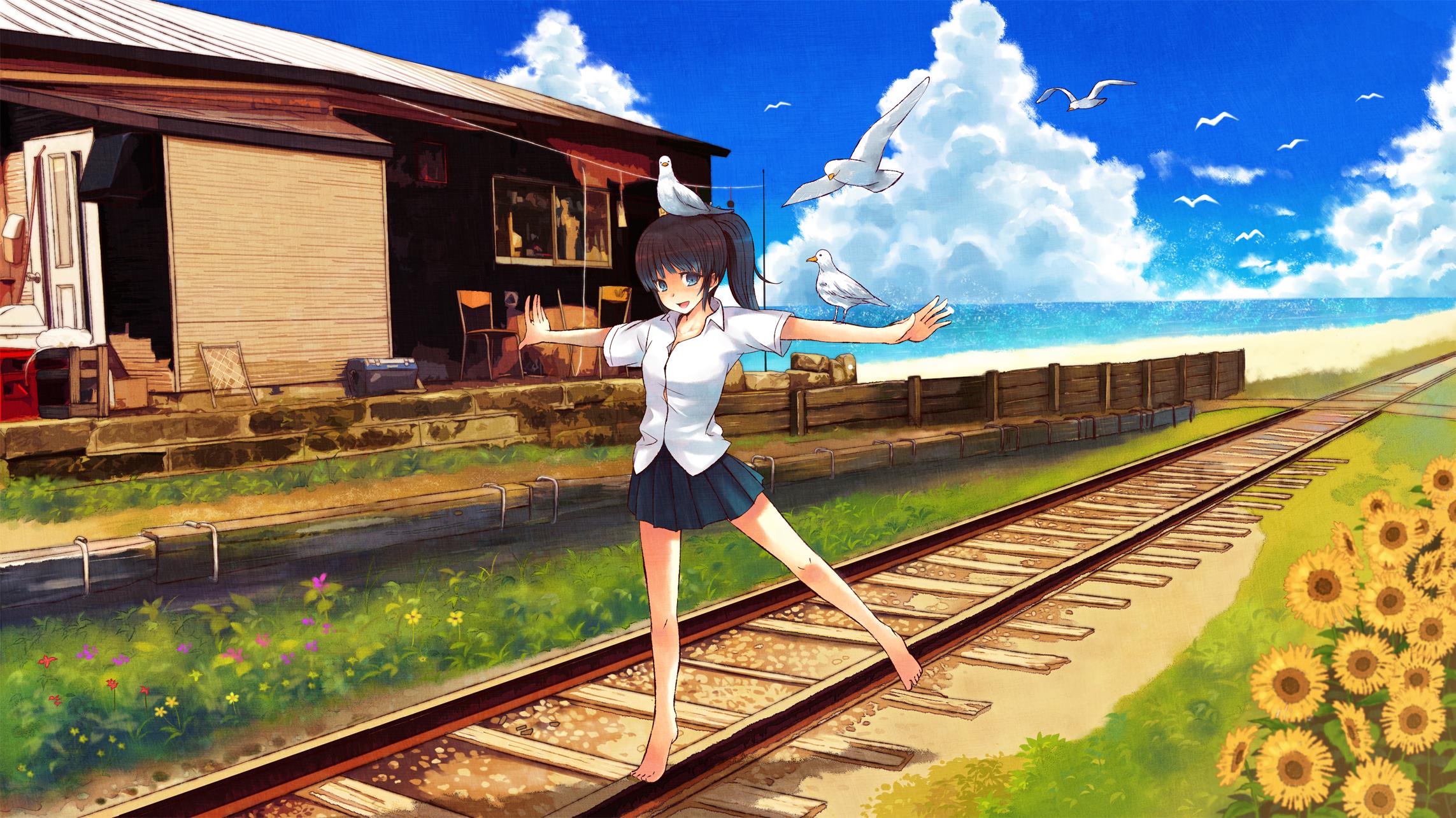 Anime 2286x1285 anime anime girls school uniform original characters railway blue manga outdoors legs birds barefoot miniskirt Pixiv