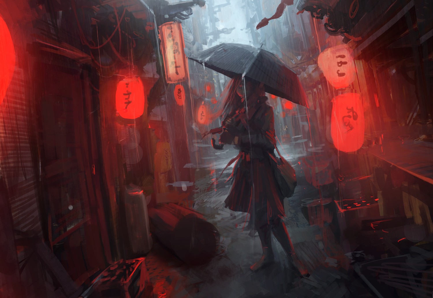 Anime 1500x1031 anime girls anime Asia urban umbrella red city standing rain lantern Andree Wallin