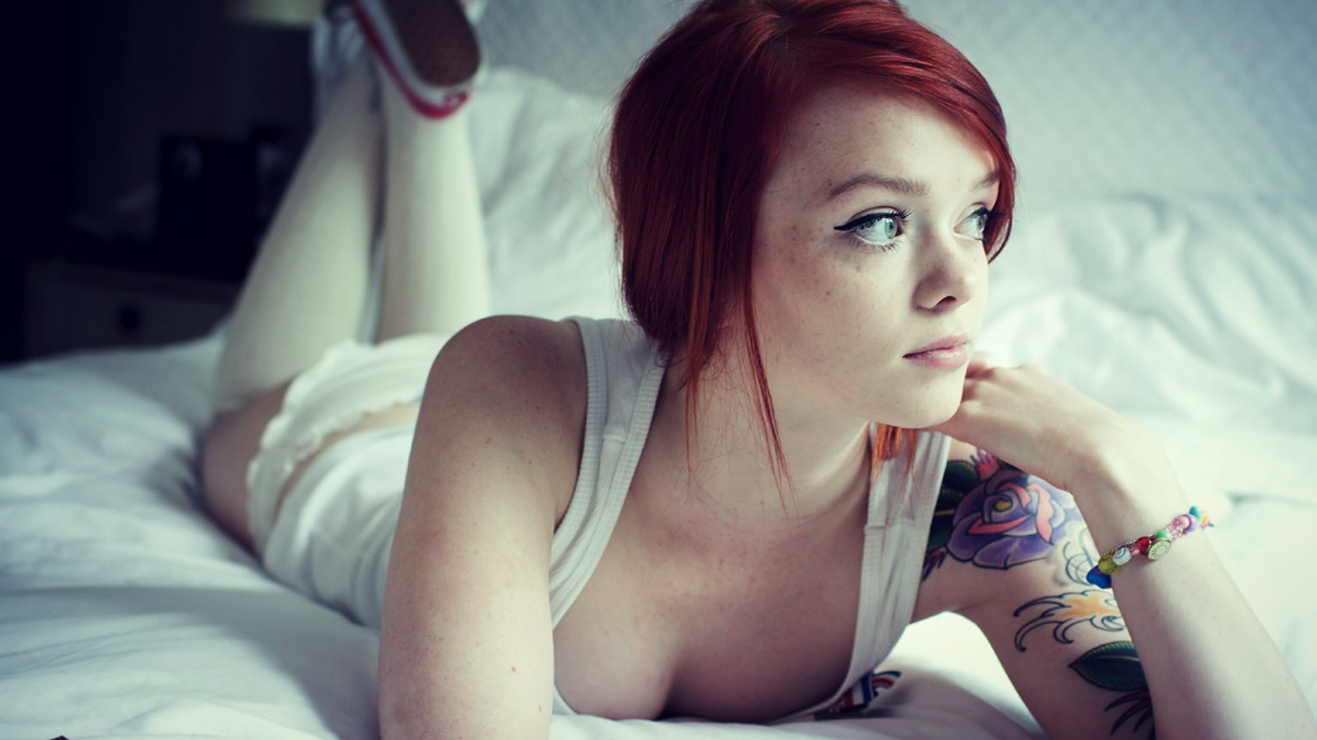 People 1920x1080 cleavage redhead tattoo Lass Suicide Suicide Girls women in bed looking away bracelets lying on front women indoors inked girls legs up indoors model Scottish Women British British women scottish