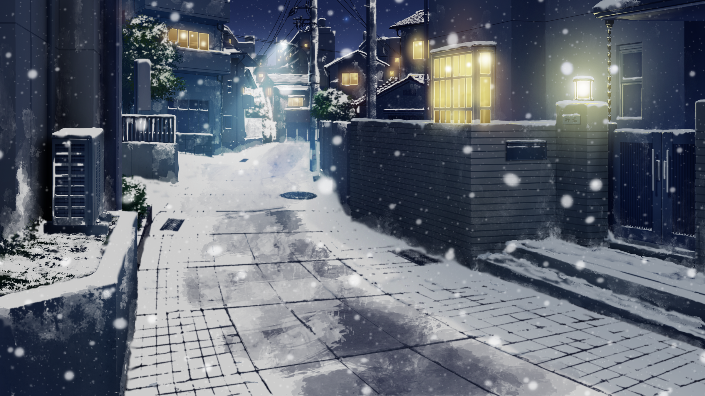 Anime 2400x1350 snow night city Japan anime artwork Makoto Shinkai  winter cold outdoors lights street