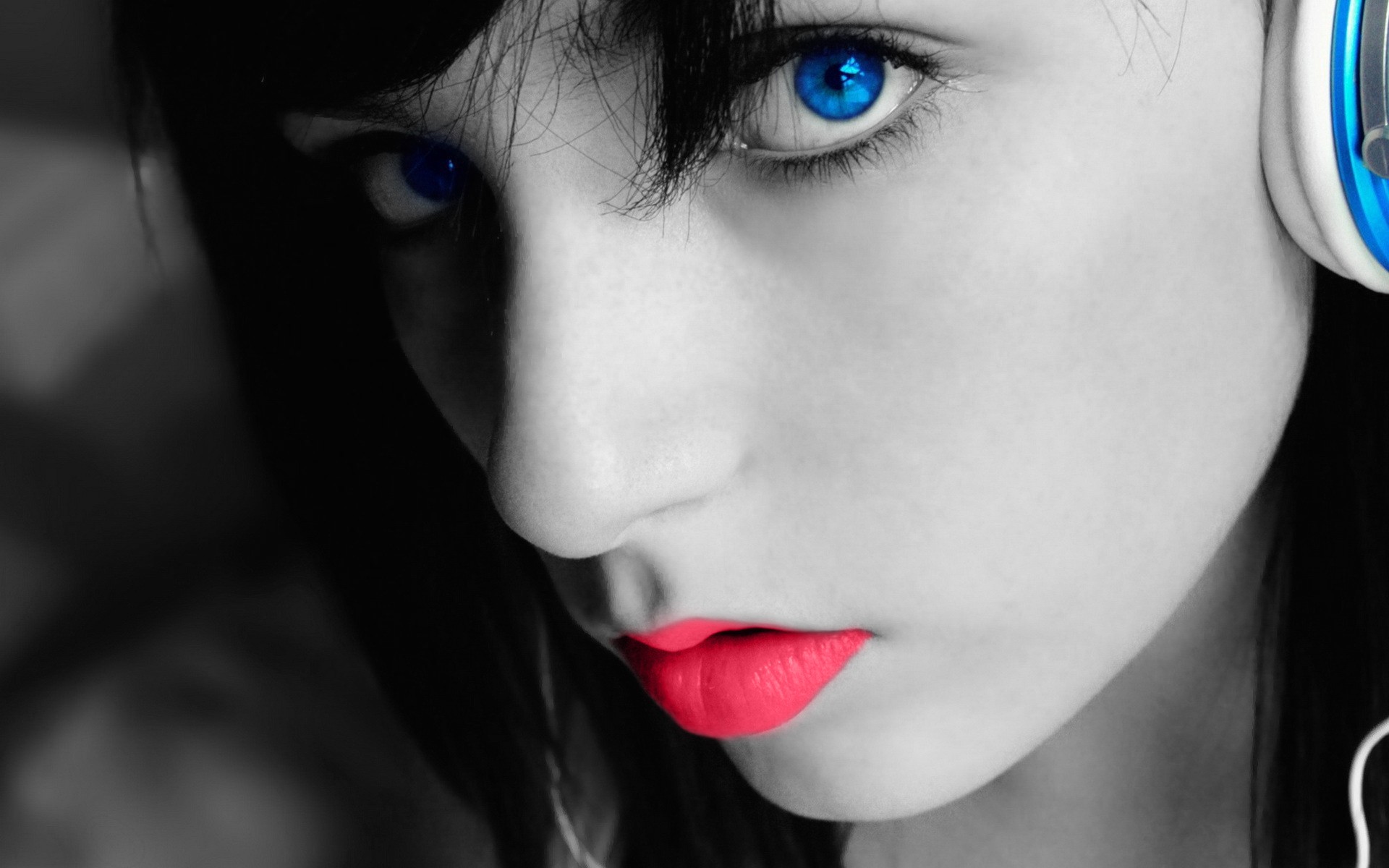 People 1920x1200 colorful selective coloring blue eyes red lipstick headphones women model looking at viewer digital art face