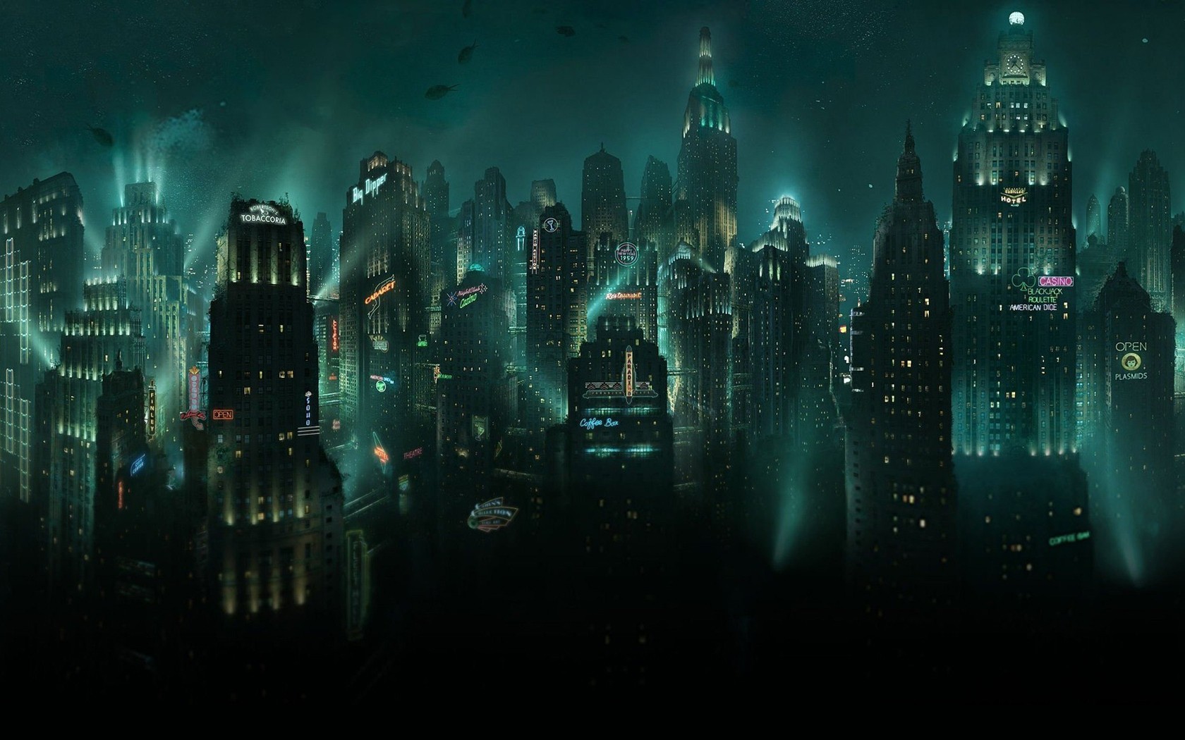 General 1680x1050 city cityscape night lights Rapture BioShock video games video game art underwater