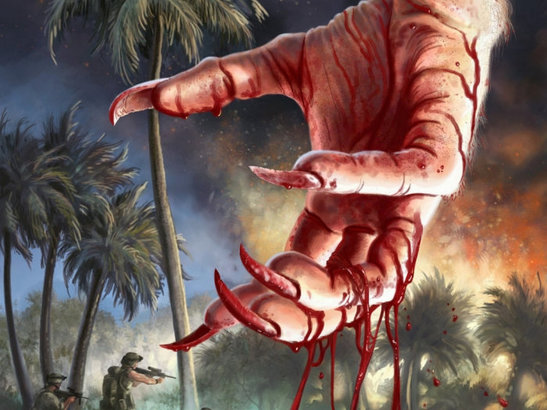 General 1920x1440 artwork horror claws blood palm trees soldier