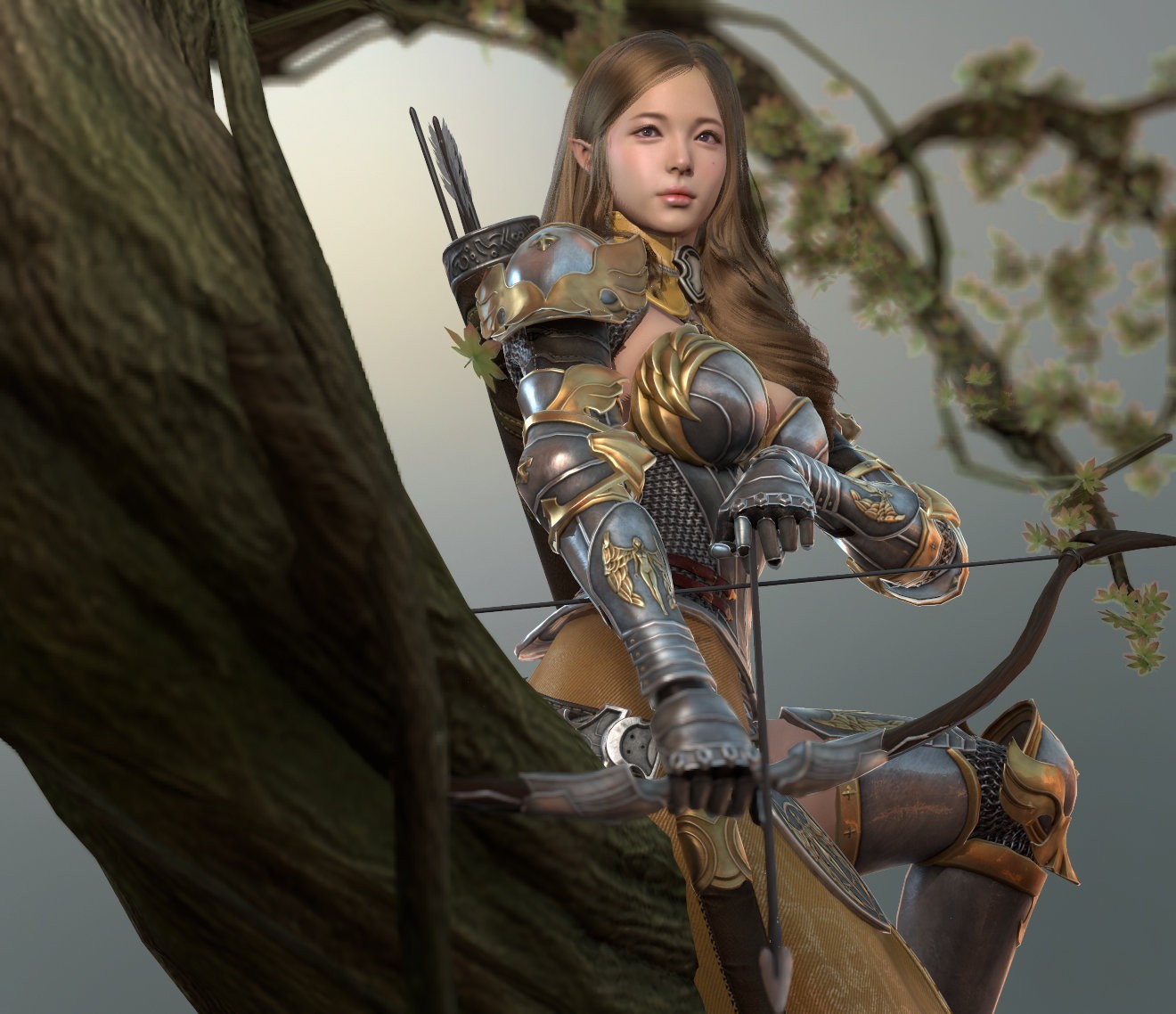 General 1320x1138 archer fantasy art fantasy girl Asian women digital art bow and arrow bow arrows pointy ears brunette long hair CGI fantasy armor armor