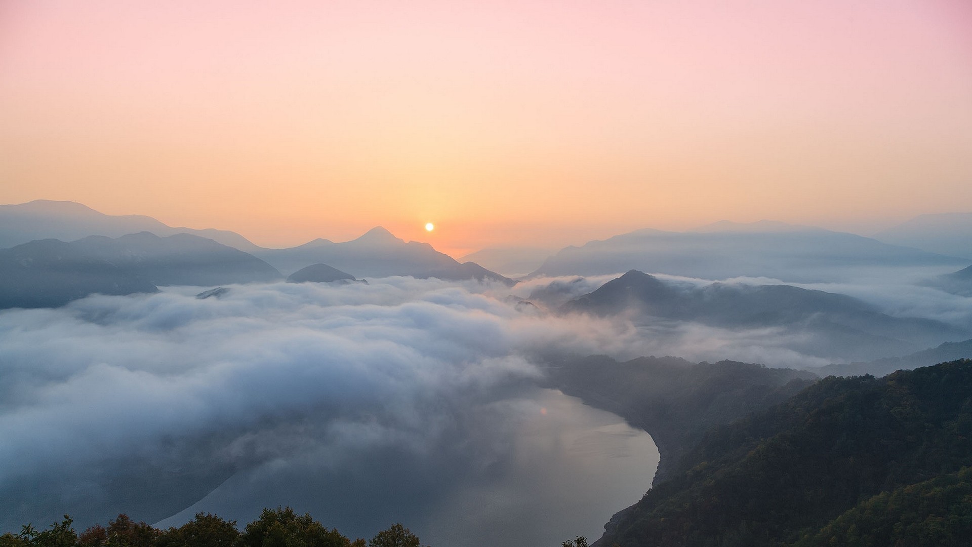 General 1920x1080 nature landscape clouds mountains lake mist forest South Korea Asia Sun