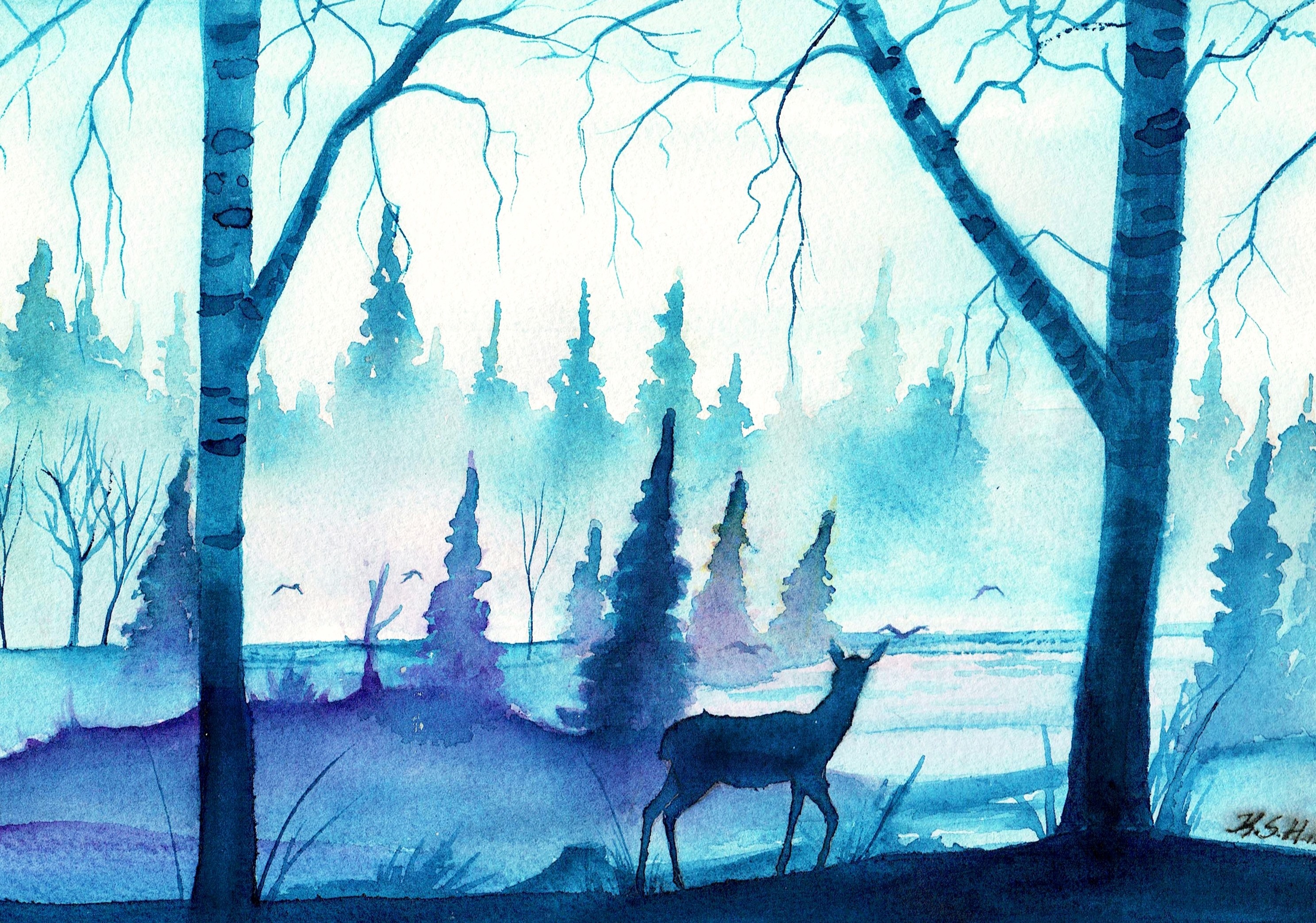 General 2974x2085 watercolor deer blue forest mist cyan animals mammals artwork