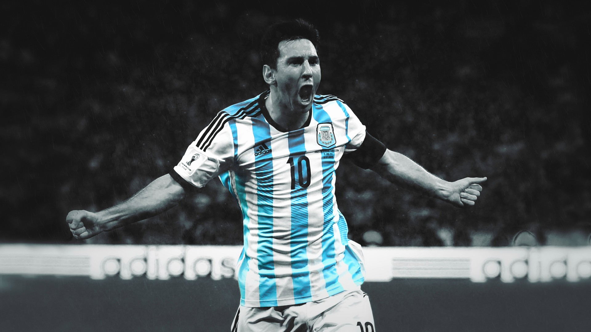 People 1920x1080 Argentina men Argentinian blue selective coloring rain Lionel Messi soccer sport open mouth
