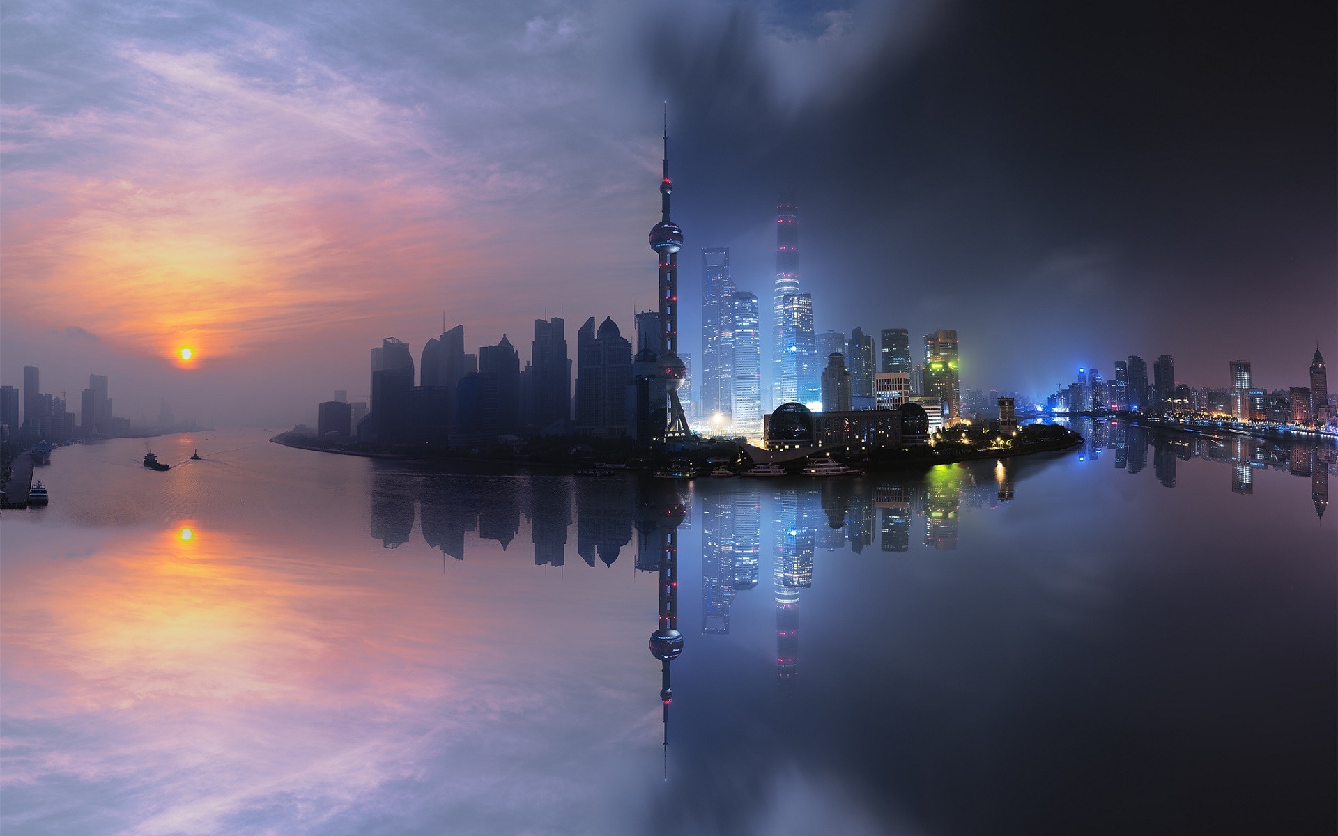 General 1920x1200 city cityscape Shanghai China skyscraper building sunset tower clouds sea reflection lights photo manipulation filter Asia Oriental Pearl TV Tower low light
