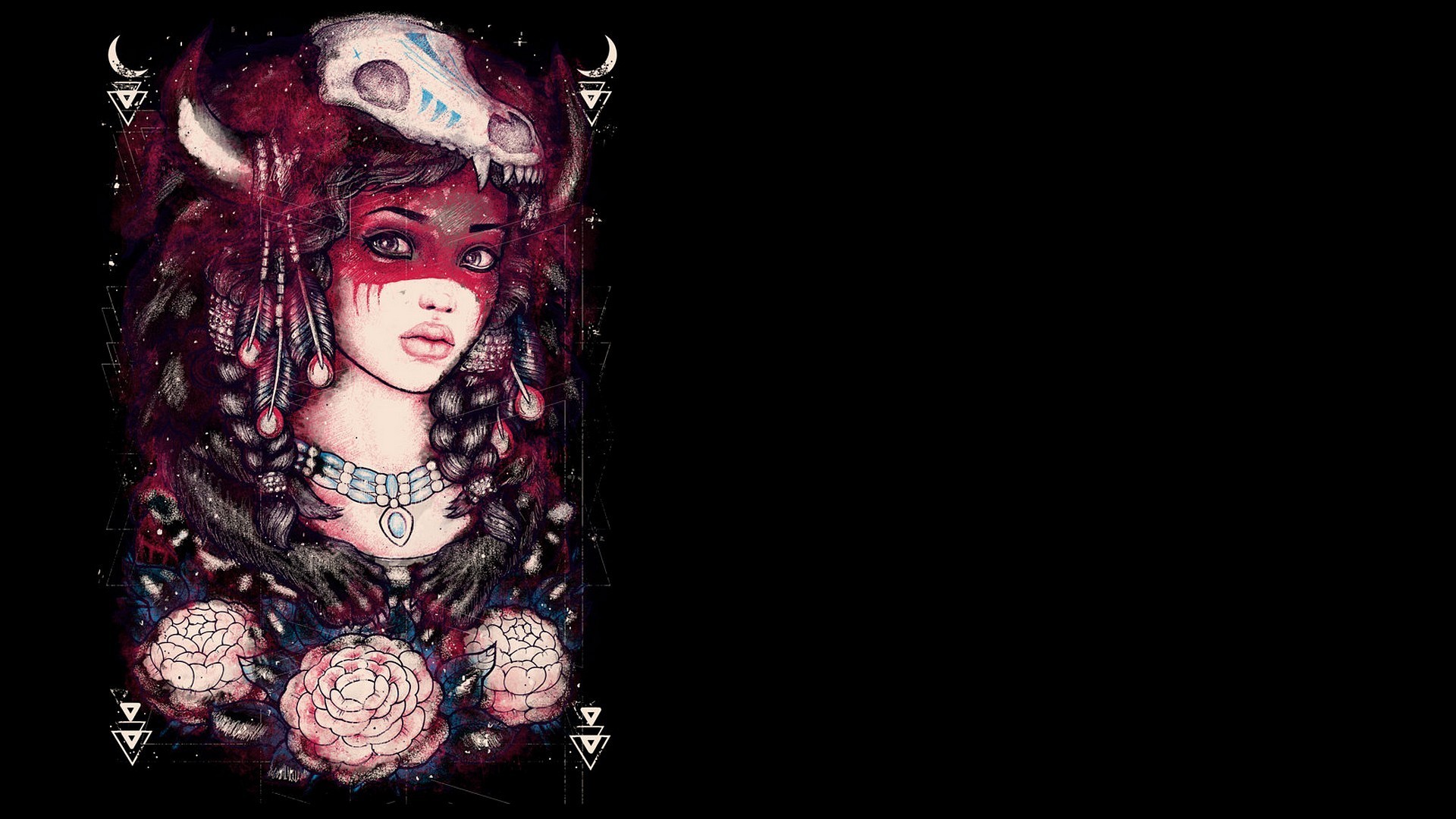 General 1920x1080 fantasy art artwork fantasy girl skull women flowers necklace face paint looking at viewer black background simple background