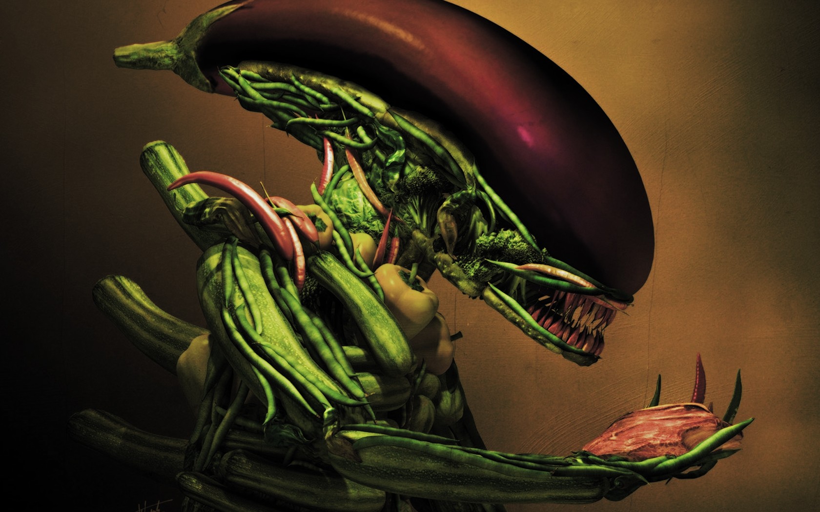 General 1680x1050 vegetables aliens Xenomorph Alien (Creature) CGI digital art food simple background