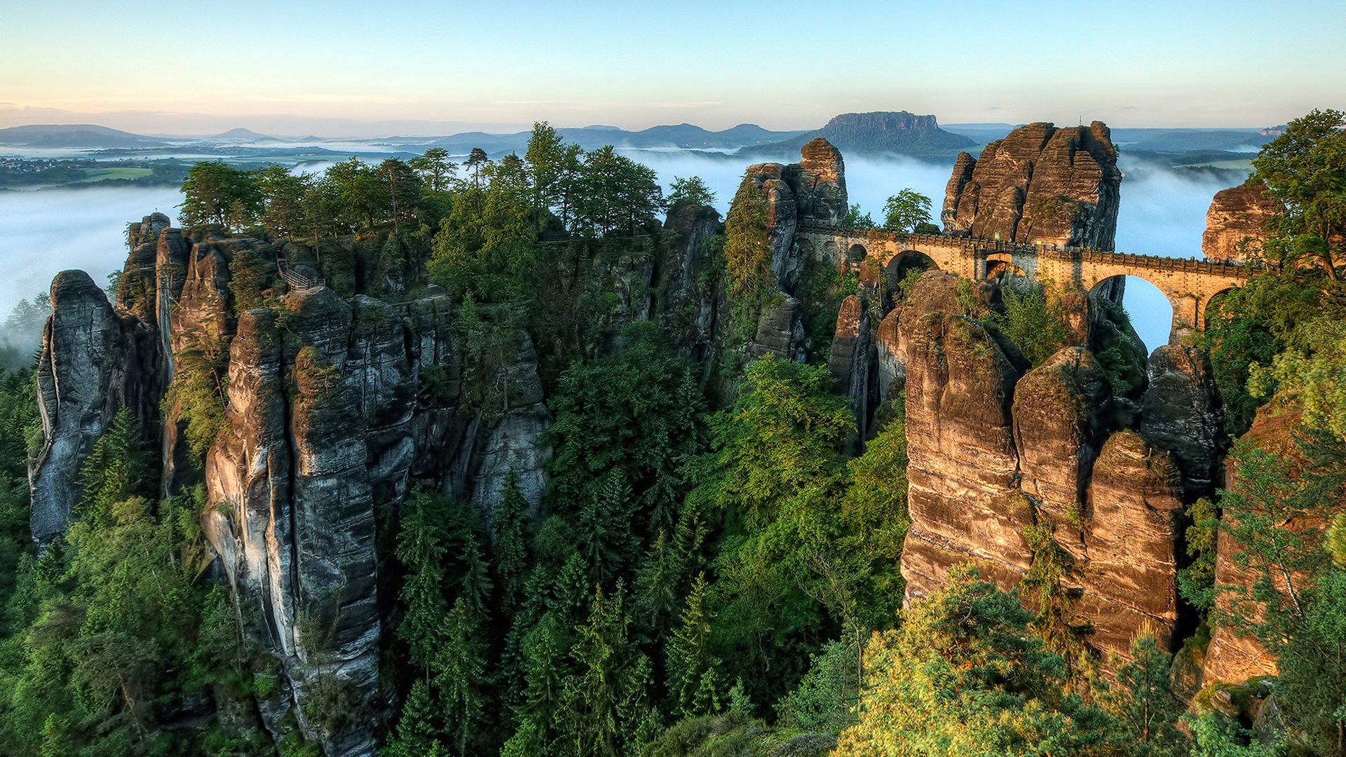 General 1920x1080 nature mountains landscape forest water clouds green river Germany Saxony Saxon Switzerland Bastei