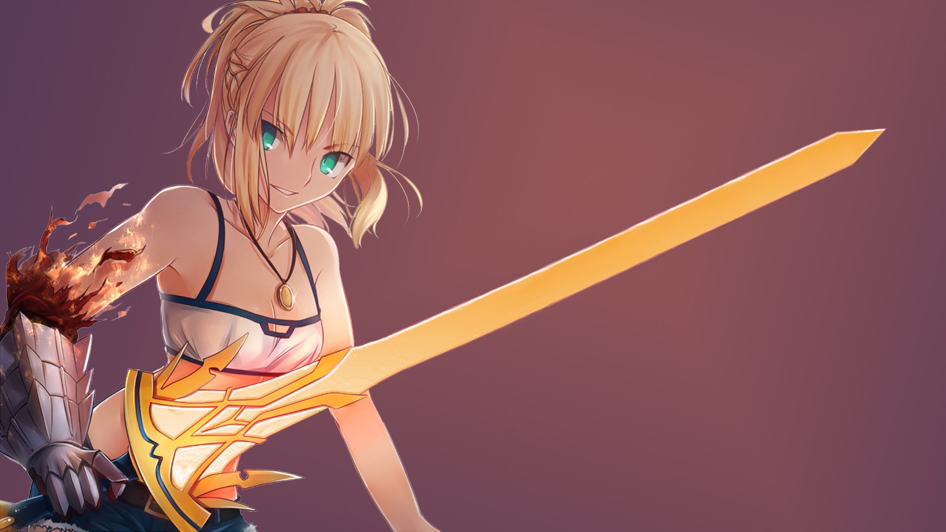 Anime 1920x1080 Fate series Fate/Apocrypha  sword gauntlets crop top blonde aqua eyes cleavage small boobs Mordred (Fate/Apocrypha) anime girls women with swords weapon fantasy art fantasy girl necklace
