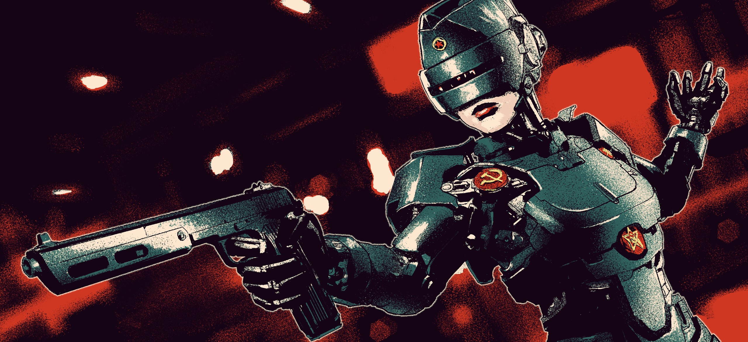 General 2560x1173 artwork cyborg RoboCop women machine science fiction futuristic red lipstick aiming movie characters