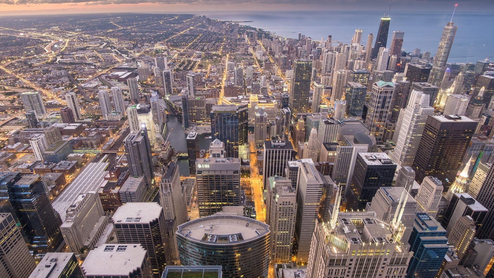 General 1920x1080 city cityscape Chicago USA building skyscraper street light sunset sea