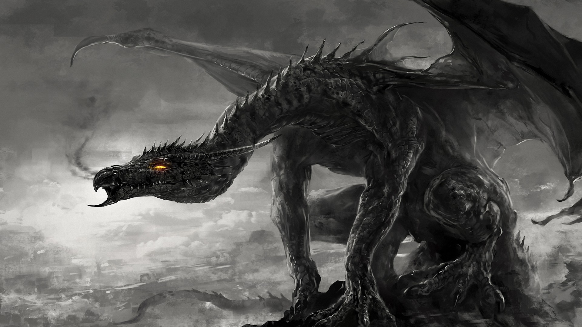 General 1920x1080 artwork dragon fire black dark creature glowing eyes selective coloring