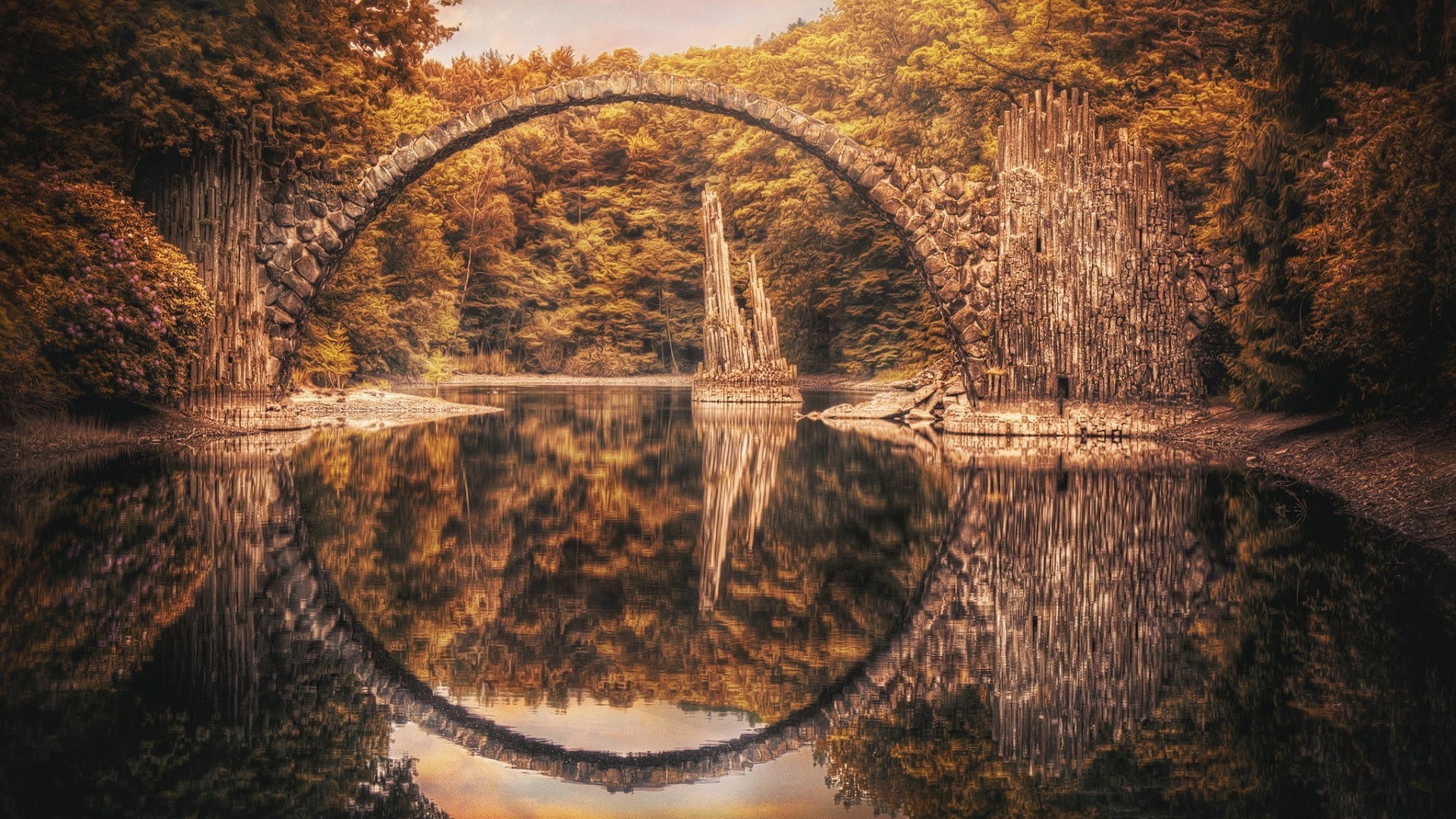 General 1920x1080 landscape HDR reflection nature bridge rock formation rocks water calm river fall trees forest Germany