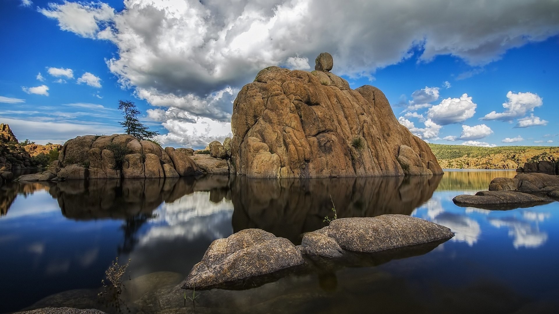 General 1920x1080 nature landscape rocks water sea clouds horizon stones trees reflection lake hills outdoors